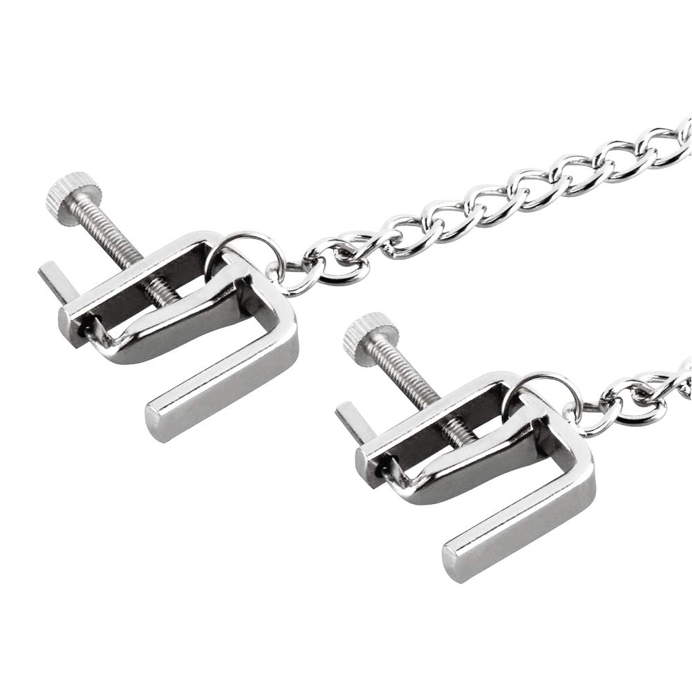 Adjustable Metal Nipple Clamps with Chain - Flat Clip Head Bondage Restraints for Women, BDSM & Fantasy SM Sex Toys - Perfect for Couples Play & Sensual Exploration