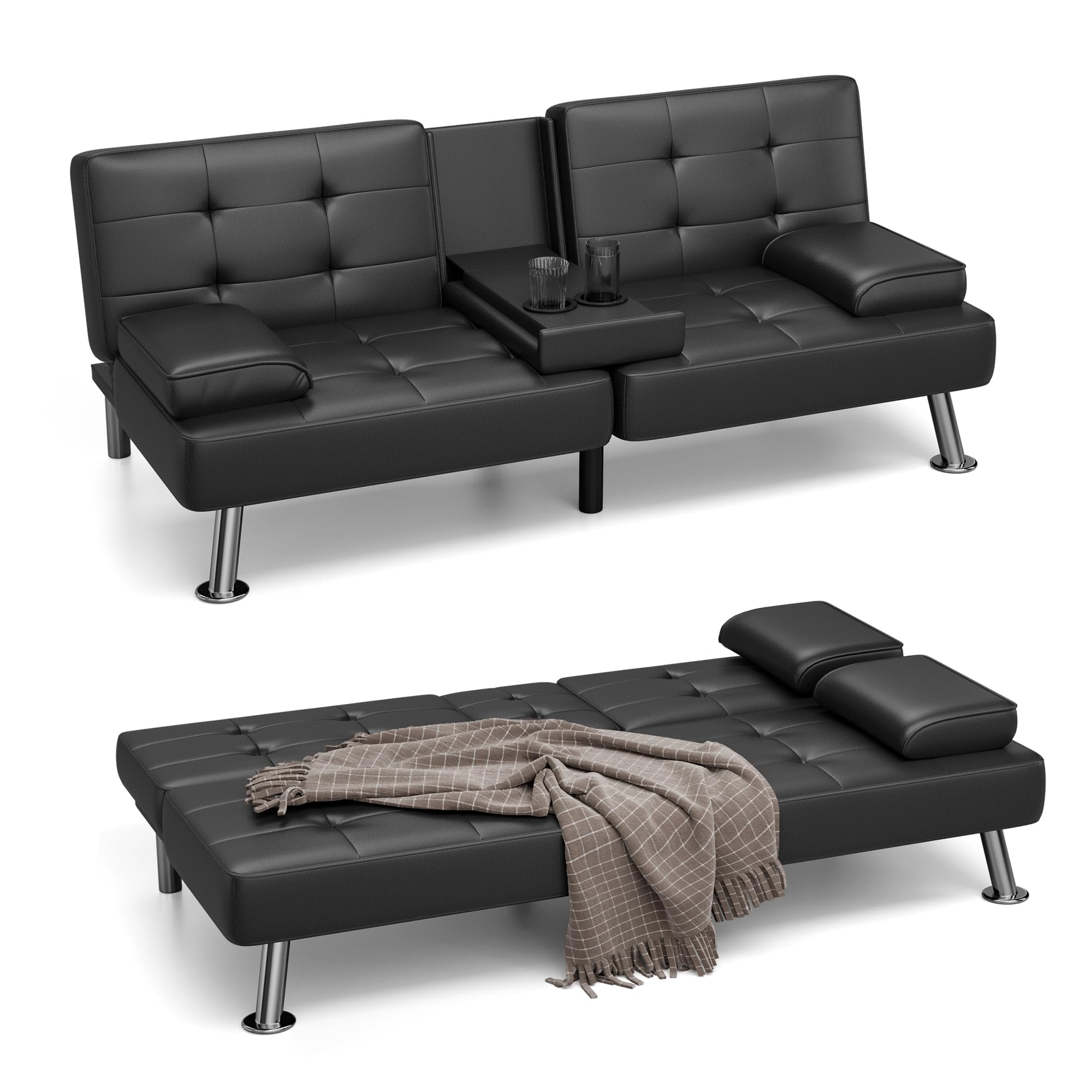 YESHOMY Convertible Folding Futon Sofa Bed - Faux Leather Loveseat Sleeper Couch with Removable Armrests & 2 Cup Holders - Black Modern Sofa for Living Room, Guest Room & Small Spaces - Perfect for Apartments, Dorms and Home Theater Seating