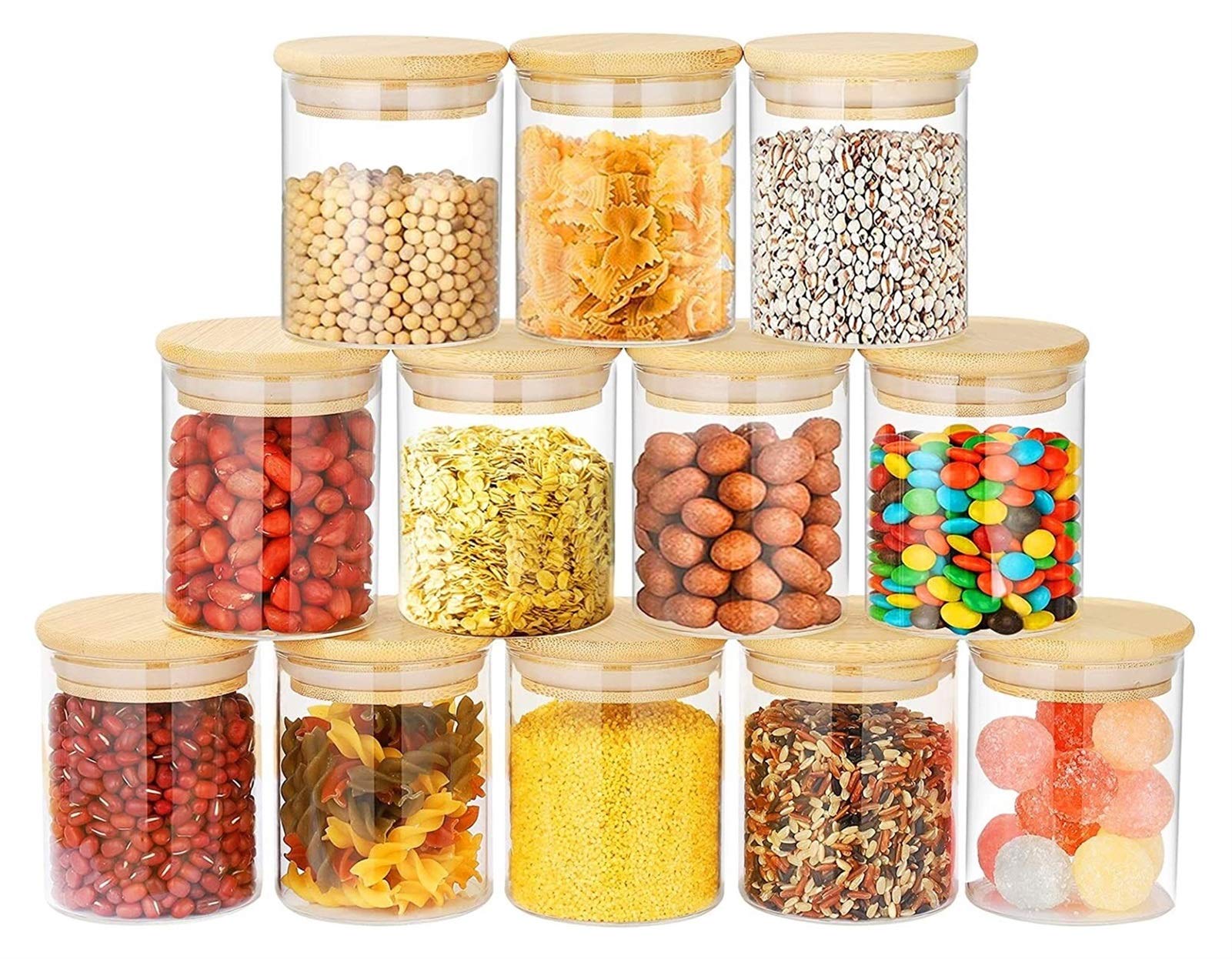 12-Pack 250ml Clear Glass Storage Jars with Airtight Bamboo Lids - Food Grade Spice Containers for Kitchen, Pantry Organization - Perfect for Tea, Coffee, Herbs, Sugar, Salt, Flour & Dry Goods Storage (Ideal for Home, Restaurant & Coffee Shop Use)