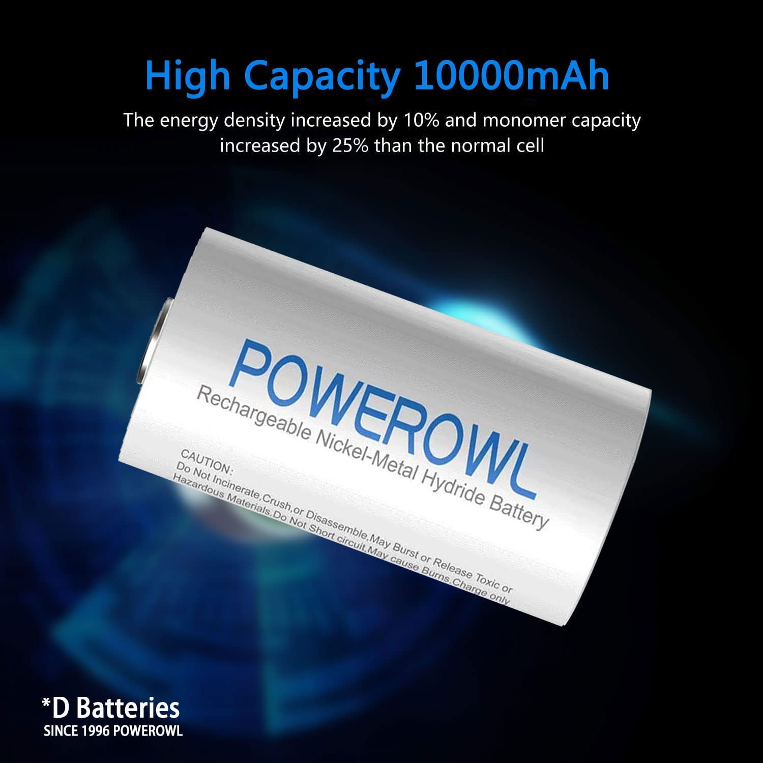 POWEROWL 4 Bay USB Rechargeable D Batteries with Charger - Quick Charge for AA AAA C D Ni-MH Batteries (4-Pack) - Ideal for Flashlights, Toys, Cameras & Emergency Power Backup