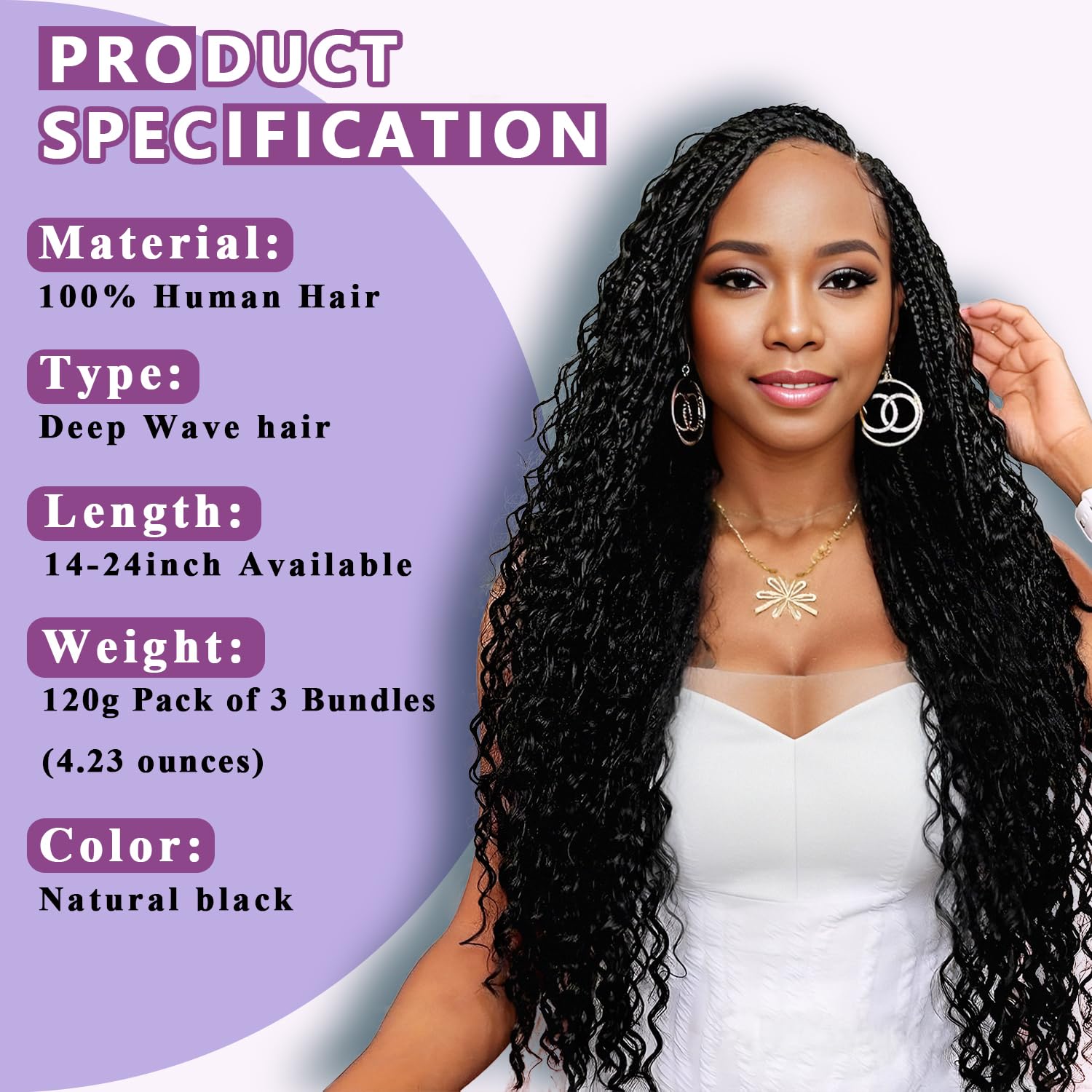 100% Human Hair Extensions for Boho Braids - 3 Bundles Deep Water Wave 12A Wet & Wavy Curly Hair (18inch, 120g, Natural Color) | Perfect for Protective Styles, Weaves & Everyday Glam