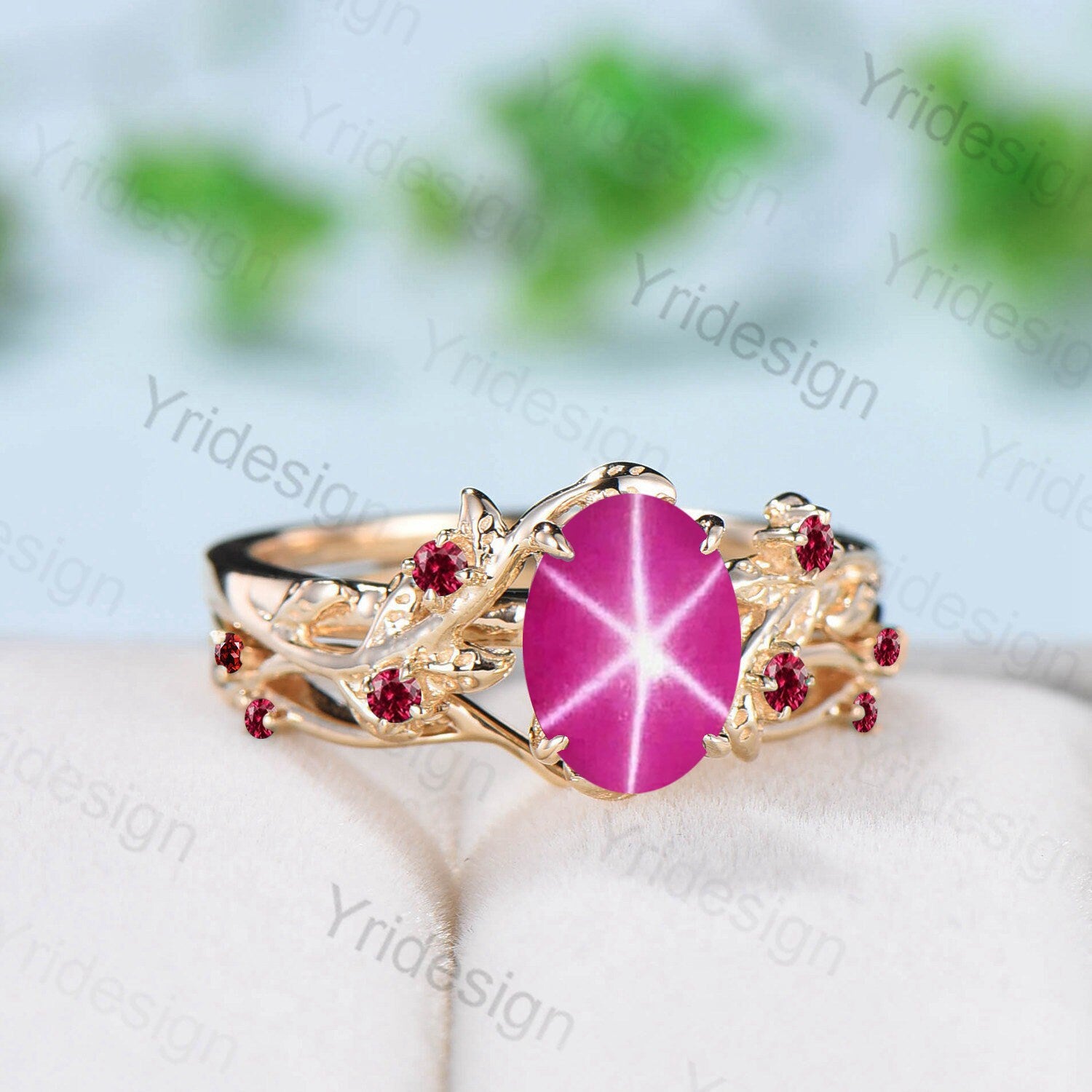 Natural Pink Star Sapphire Ring Set - Unique Leaf Inspired Cluster Sapphire Galaxy Engagement Ring for Women - Twig Ruby Wedding Band Set - Perfect for Bridal, Anniversary, and Special Occasion Gifts