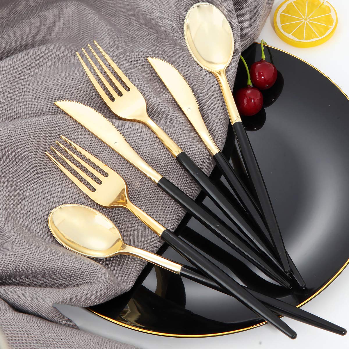 144-Piece Gold Plastic Silverware Set - Disposable Flatware with Black Handle (48 Forks, 48 Knives, 48 Spoons) - Elegant Cutlery for Parties, Weddings, Dinner Events & Home Gatherings