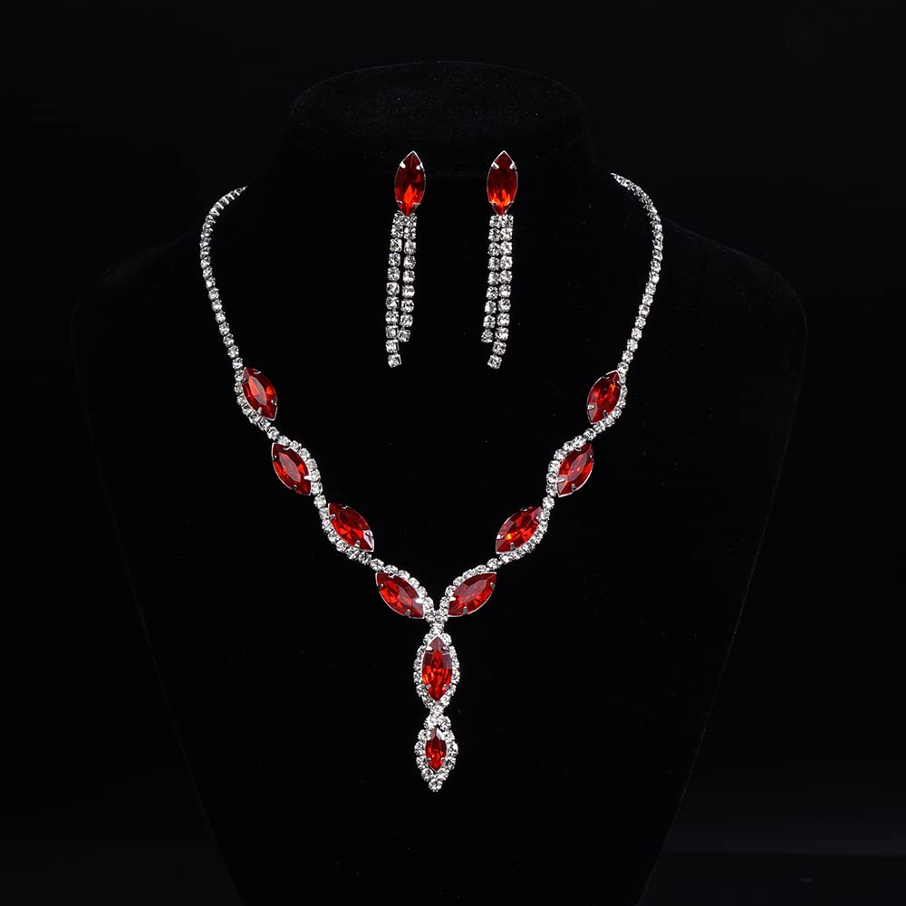 Elegant Silver Rhinestone Bridal Necklace & Earrings Set - Sparkling Crystal Choker for Women's Wedding, Prom, Evening Party (Red) | Perfect for Bridal Shower, Anniversary & Formal Events