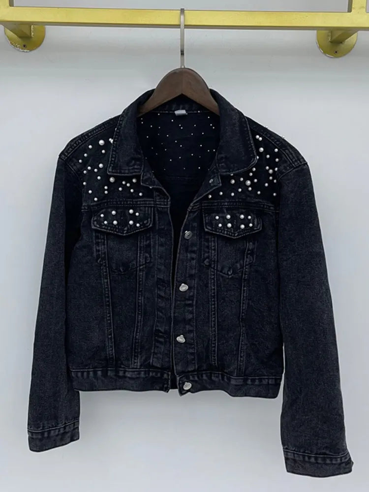 Stylish Women's Denim Jacket with Pearl Buttons - Loose Fit Full Sleeve Short Lapel Jacket for Casual Fall Outfits | Perfect for Autumn Layering, Weekend Wear & Street Style Fashion