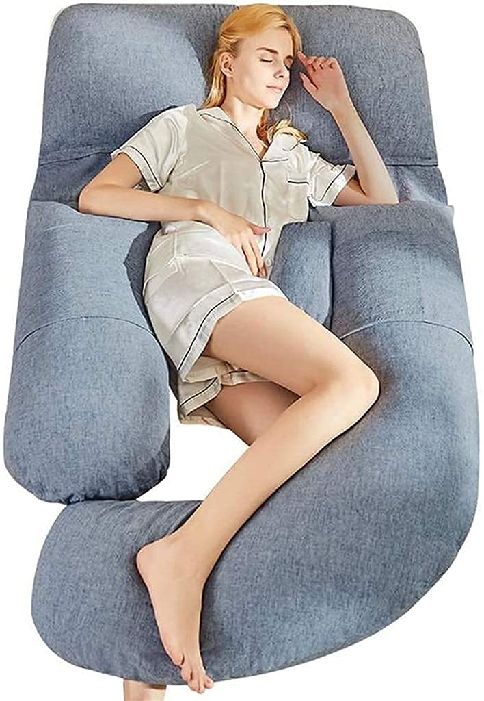 **Pregnancy Pillow for Sleeping - Maternity Body Pillow with Cotton & Linen Cover, Detachable Lumbar Support for Waist & Abdomen Relief (Blue) - Perfect for Side Sleepers & Comfort During Pregnancy**