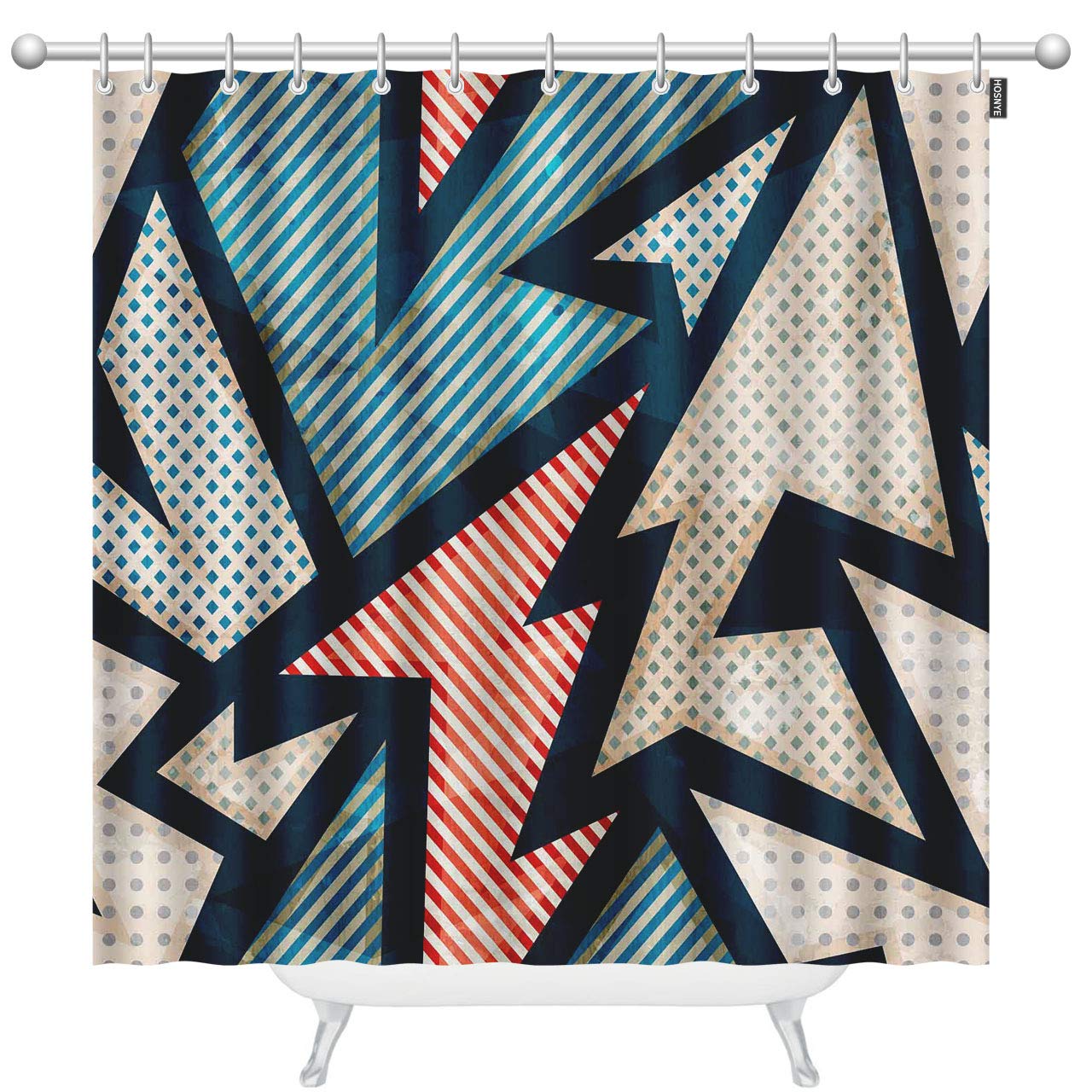 Retro Striped Geometric Polka Dot Shower Curtain Set - 72x78 Inch Vintage Abstract Bathroom Decor with 12 Hooks - Waterproof Modern Bath Accessories for Grunge & Classic Style Homes