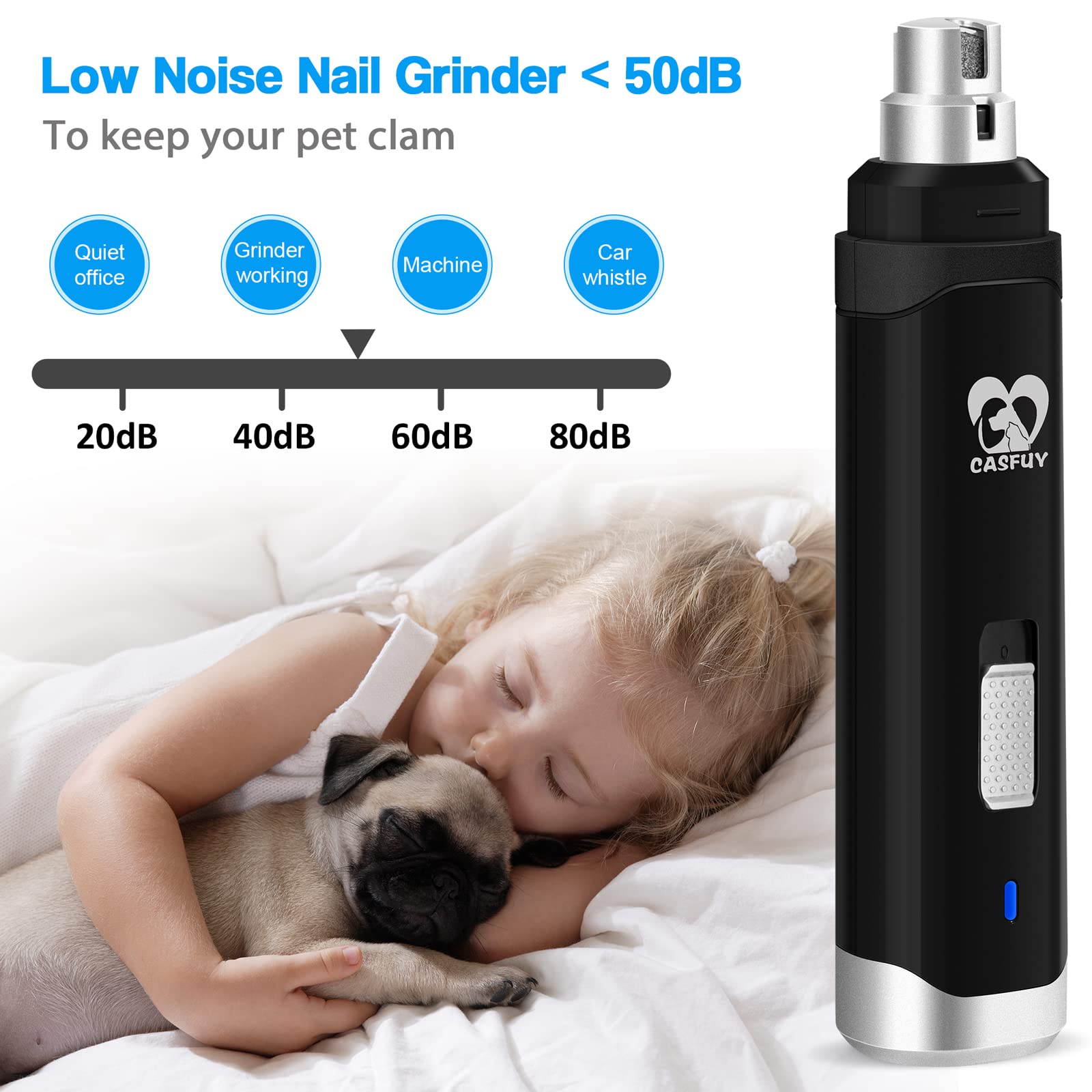 Casfuy Upgraded Dog Nail Grinder - Professional 2-Speed Electric Rechargeable Pet Nail Trimmer for Painless Paws Grooming | Safe for Small, Medium & Large Dogs & Cats (Black) | Perfect for At-Home Pet Grooming & Nail Maintenance