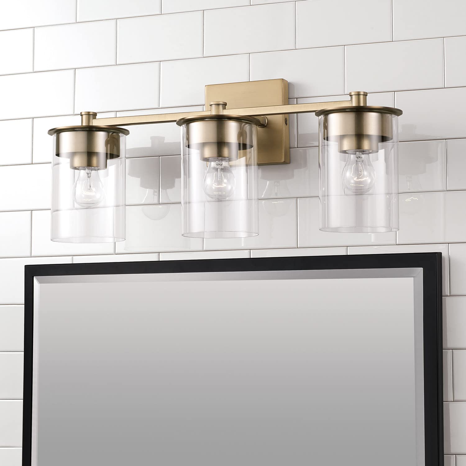 HomePlace Lighting 146831AD-532 Mason Transitional 3-Light Bathroom Vanity Fixture with Clear Glass Cylinder Shades, 300W Total, Brass Finish, 9