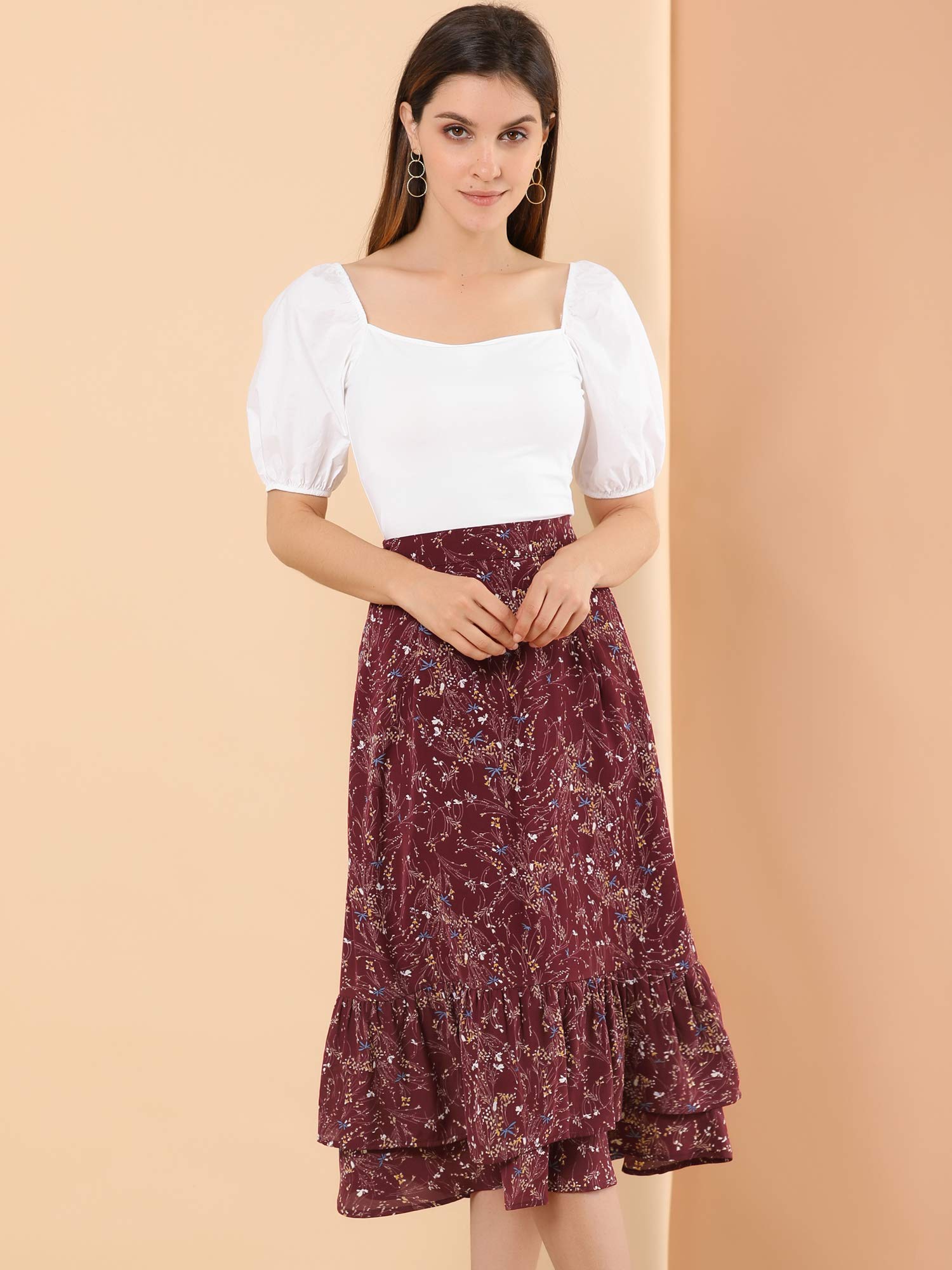 Allegra K Women's Printed Chiffon Midi Skirt - Elastic Waist, Ruffle Tiered Design for Spring & Summer 2025 | Trendy Flowy Skirt for Casual Outings, Beach Vacations & Date Nights