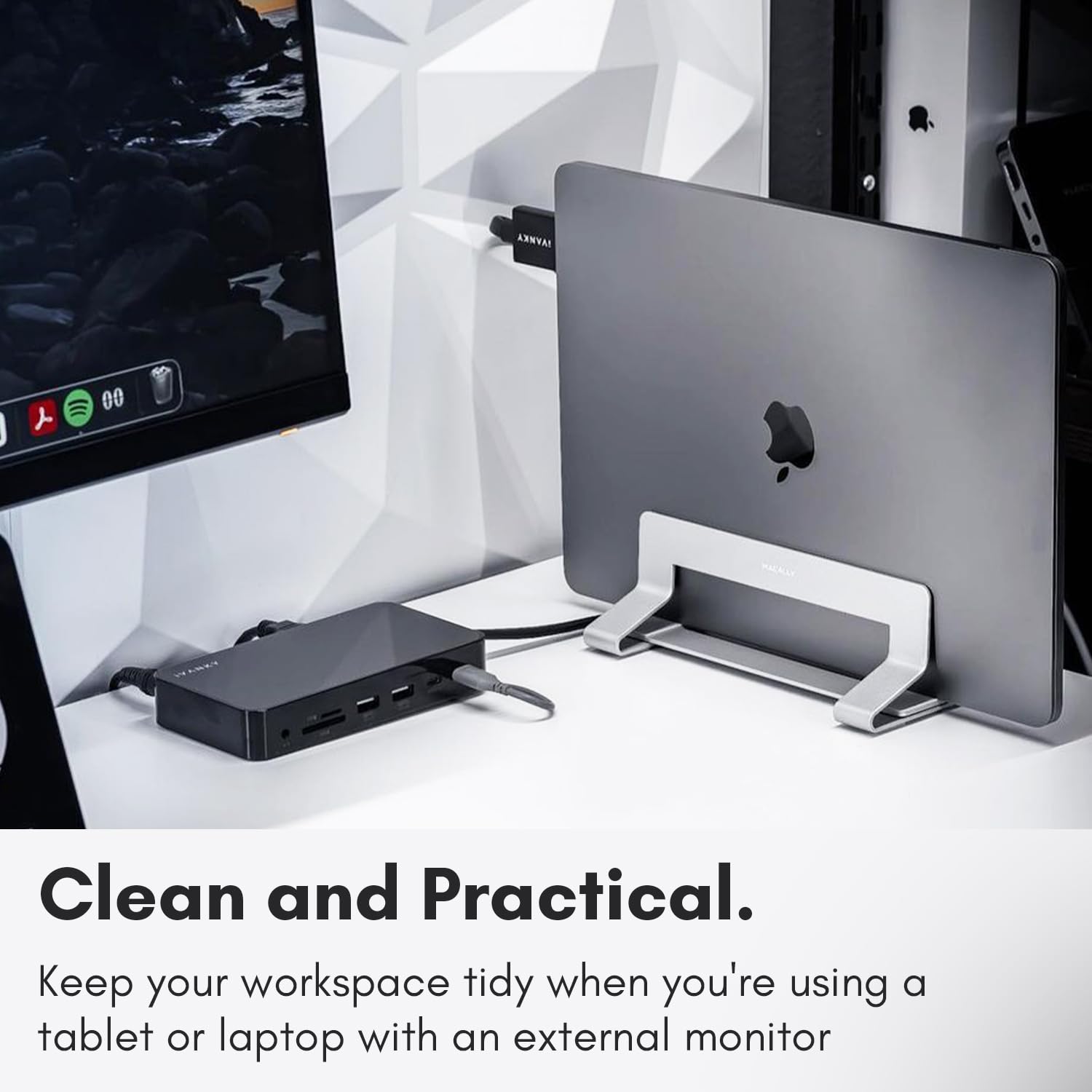 Macally Vertical Laptop Stand for Desk - Adjustable Space Saving Laptop Holder for MacBook Pro/Air | Improves Airflow & Organizes Workspace | Perfect for Home Office, Dorm & Small Spaces