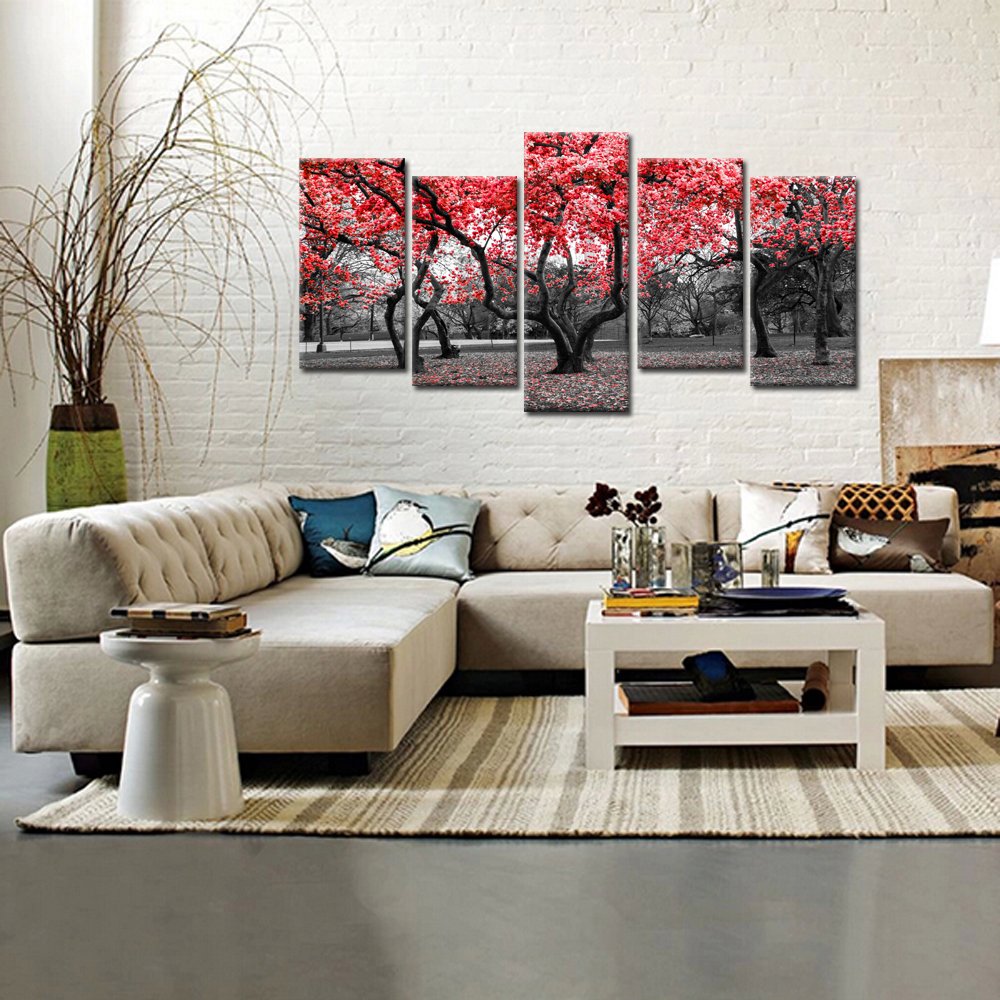 Modern Canvas Wall Art - 5 Piece Black White & Red Tree Landscape Giclee Print Painting for Home Decor | Extra Large 80x40 Inch | Perfect for Living Room, Bedroom & Office Wall Decoration
