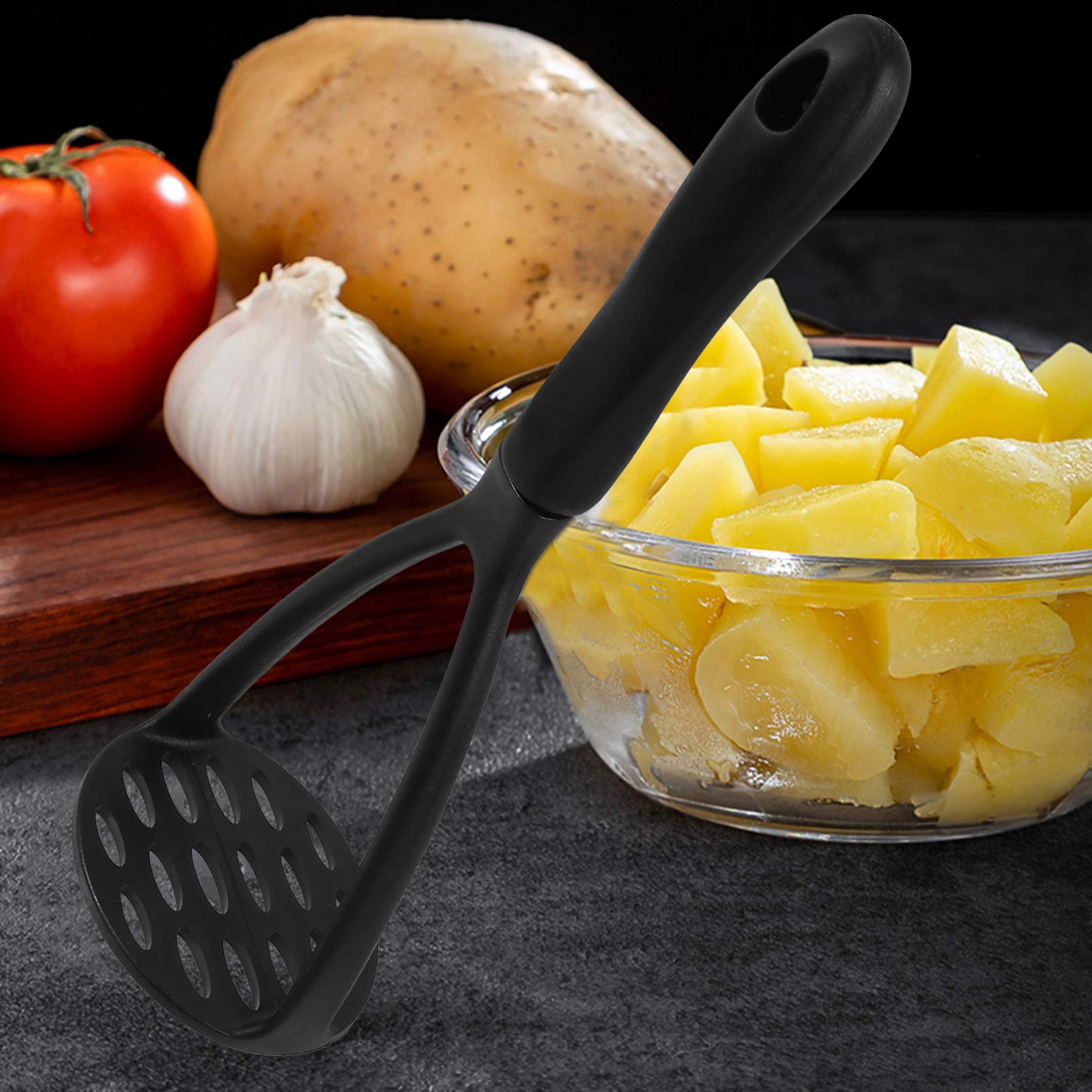 Premium Stainless Steel Potato Masher & Garlic Press - Manual Food Ricer for Potatoes, Fruits, Meat - Durable Wooden Handle & Nylon Food-Grade Tool - Perfect for Mashing, Pressing, and Cooking in Kitchens