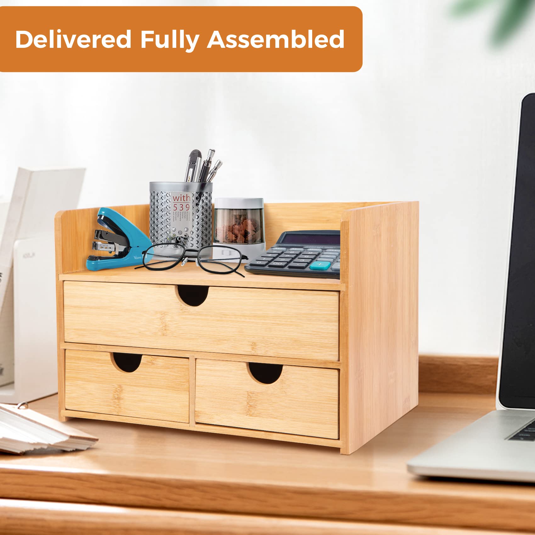 Bamboo Desk Organizer with Drawers - Stylish Desktop Storage for Office, Bathroom & Kitchen Countertop - Small Drawer Organizer for Pens, Makeup & Utensils - Perfect Workspace & Home Organization Solution