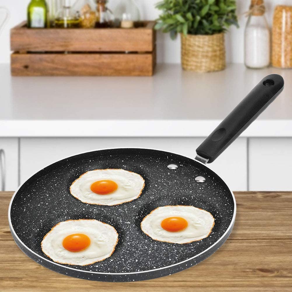 Nonstick 3-Hole Egg Frying Pan - Round Omelet Burger Pancake Pan with Non-Stick Coating | Perfect for Home Kitchen, Breakfast Cooking & Camping Trips | Durable Cookware for Eggs, Pancakes & Sandwiches