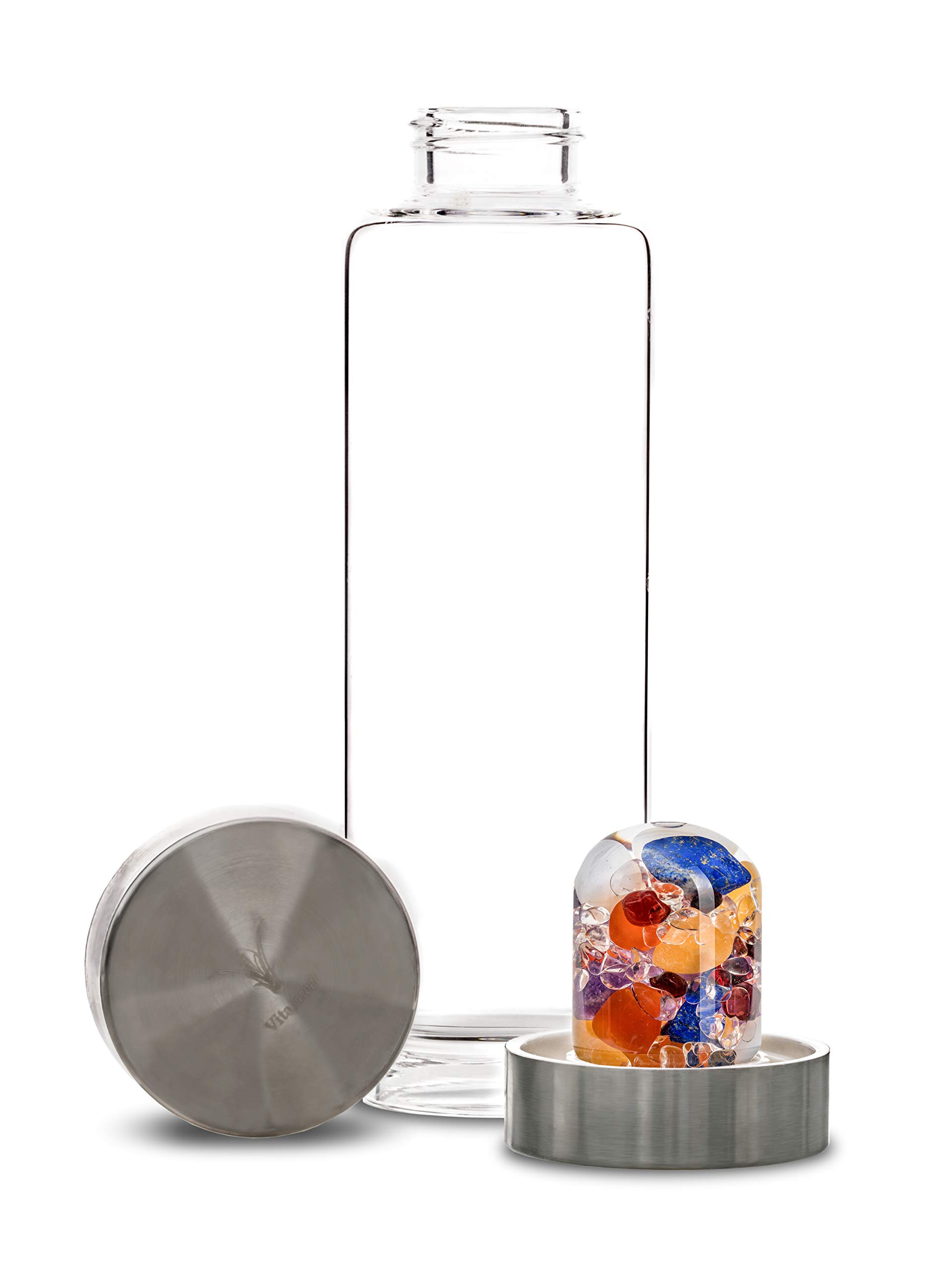 VitaJuwel ViA AYURVEDA Crystal Water Bottle with Amethyst, Milk Opal, Lapis Lazuli, Garnet, Carnelian & Orange Calcite - Infused Water for Wisdom, Intuition & Joy | Perfect for Yoga, Meditation & Energy Healing
