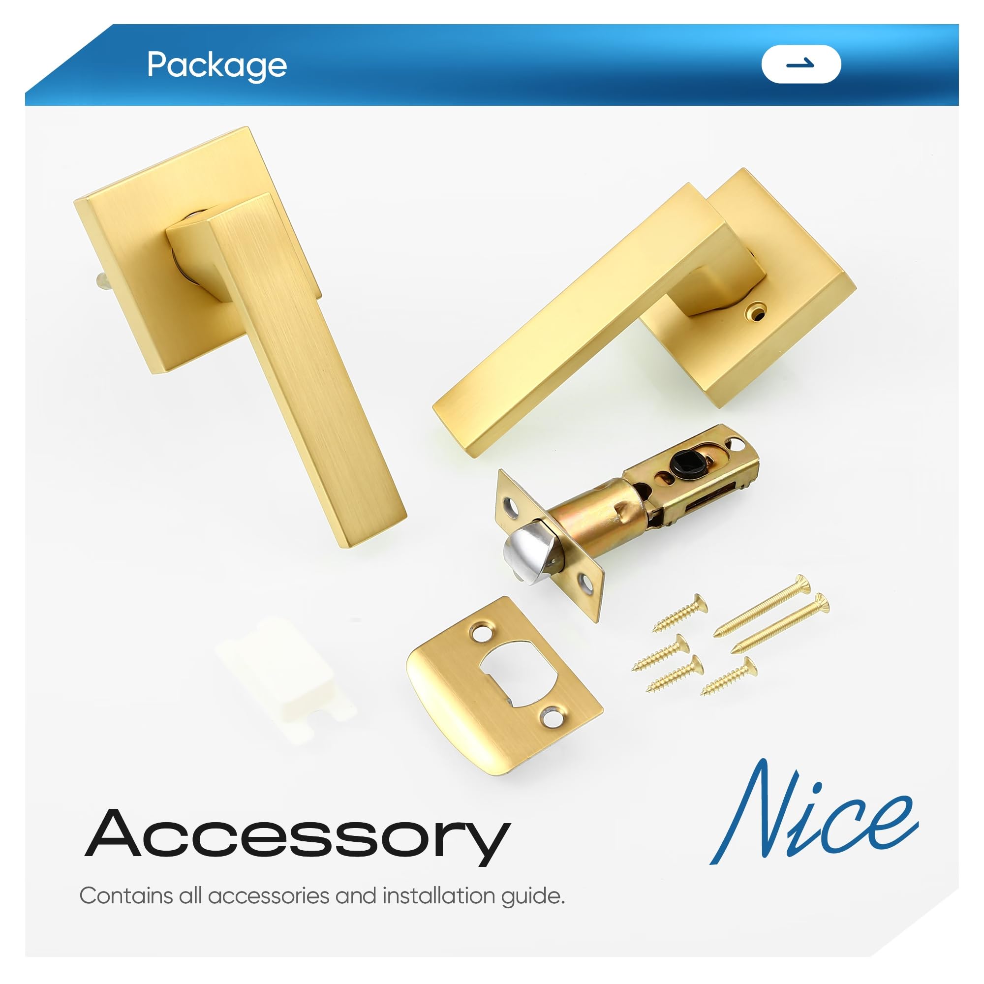 Brushed Gold Keyless Door Handles 3 Pack - Satin Brass Finish for Closet & Hallway