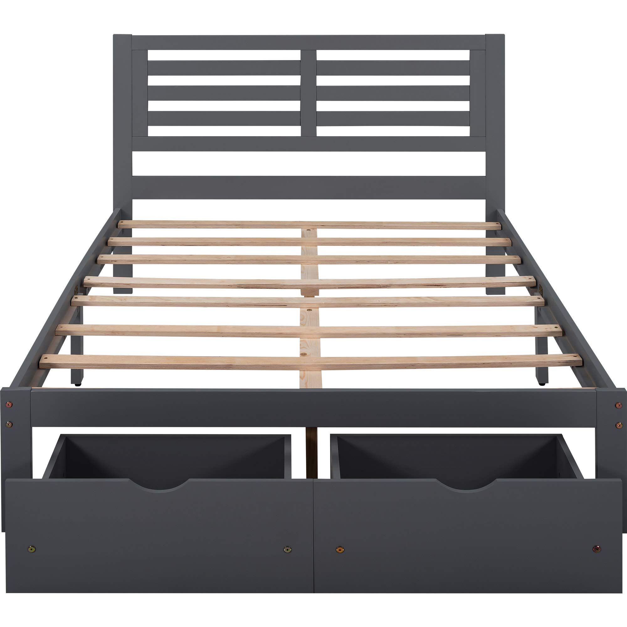 **Henf Full Size Platform Bed Frame with 2 Storage Drawers - Solid Wood Bed for Kids & Adults, No Box Spring Needed, Easy Assembly (Gray) - Perfect for Small Spaces, Guest Rooms & Modern Bedrooms**