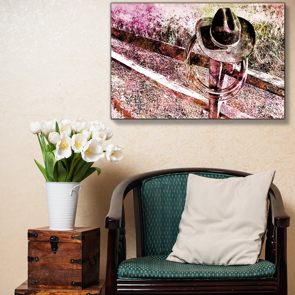 Wall26 - Cowboy Hat and Lasso on Fence Post - Rustic Western Canvas Art Print - Country Landscape Painting - 32x48 Inches - Perfect for Living Room, Bedroom, or Western-Themed Decor