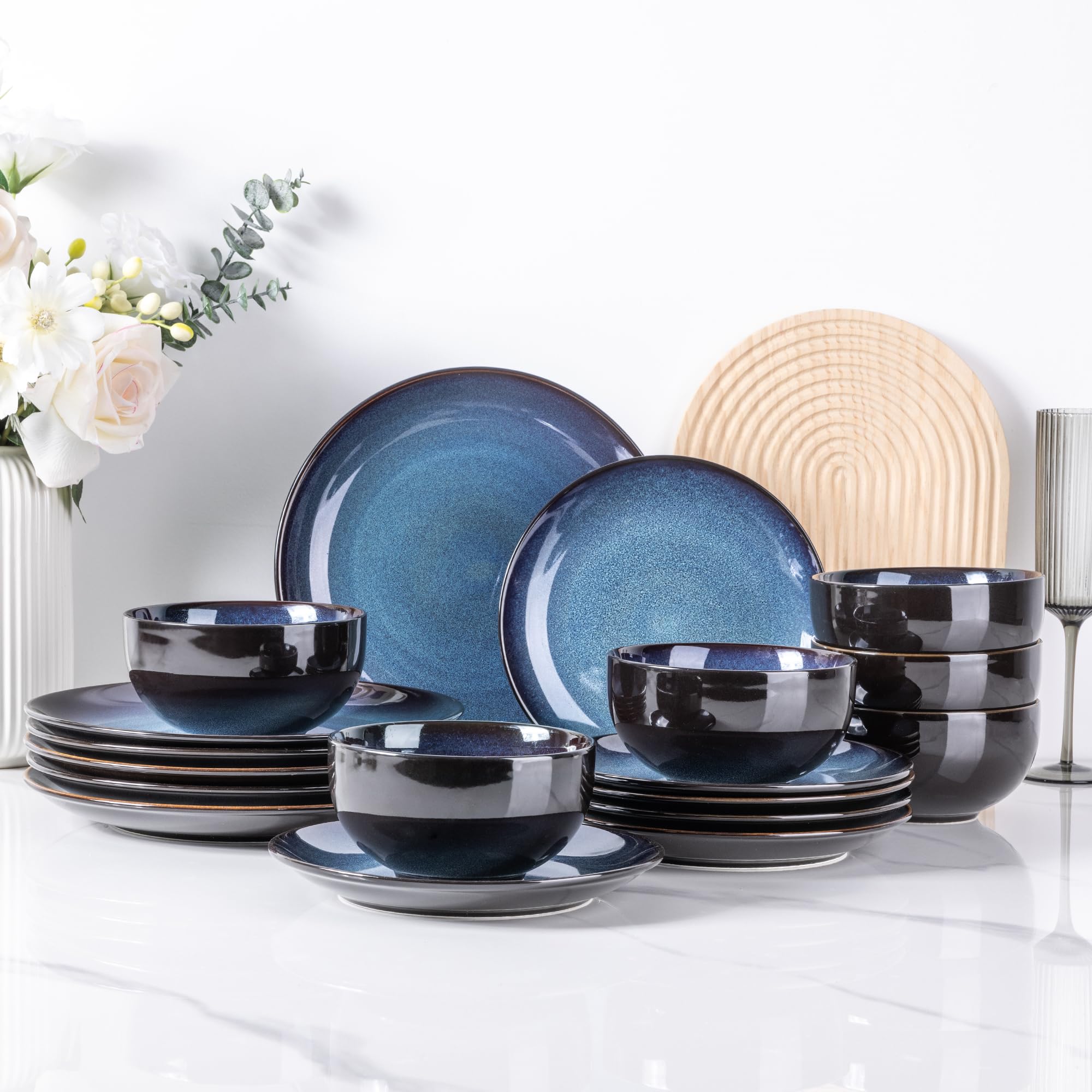 Premium LeRatio 18-Piece Ceramic Dinnerware Set for 6 - Handmade Reactive Glaze Plates & Bowls - Chip & Scratch Resistant - Oven, Dishwasher & Microwave Safe - Elegant Blue Tableware for Everyday Dining & Entertaining