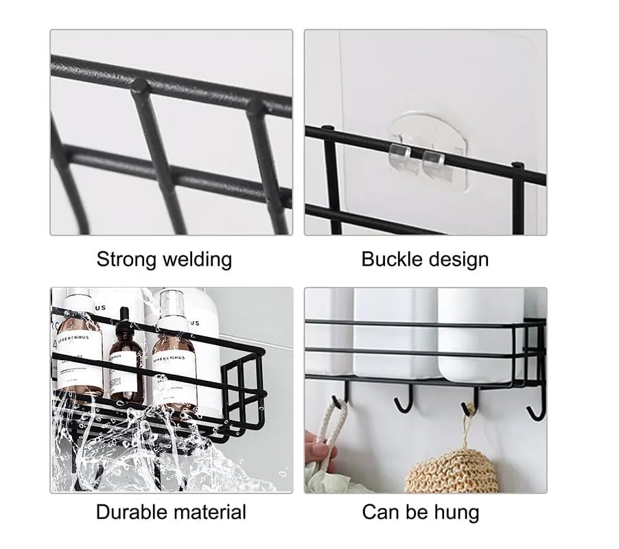 JIALTO Wall-Mounted Bathroom Shelf Organizer with Hooks - Black Space-Saving Bathroom Storage Rack & Towel Holder - Perfect for Small Bathrooms, Showers, and Vanity Organization (Pack of 1)