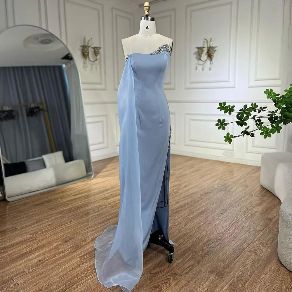 Elegant Blue Satin Mermaid Evening Dress with Beaded Cape Sleeve & High Slit - One Shoulder Party Gown for Women | Perfect for Prom, Gala & Formal Events - SERENE HILL LA72504