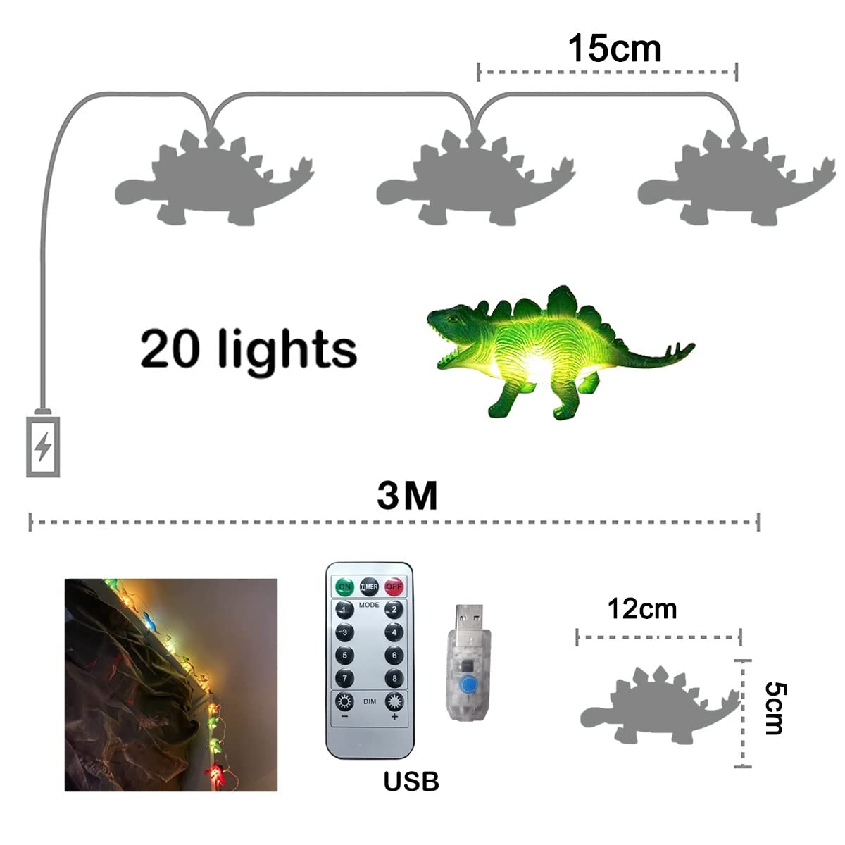 Dinosaur String Lights USB Powered - 9.8Ft 20 LED Dino Toy Lights with Remote Control & 8 Lighting Modes | Perfect for Bedroom Decor, Birthday Gifts, Christmas Tree & Party Decoration | Create a Prehistoric Ambiance for Kids Rooms, Themed Parties & Holiday Celebrations