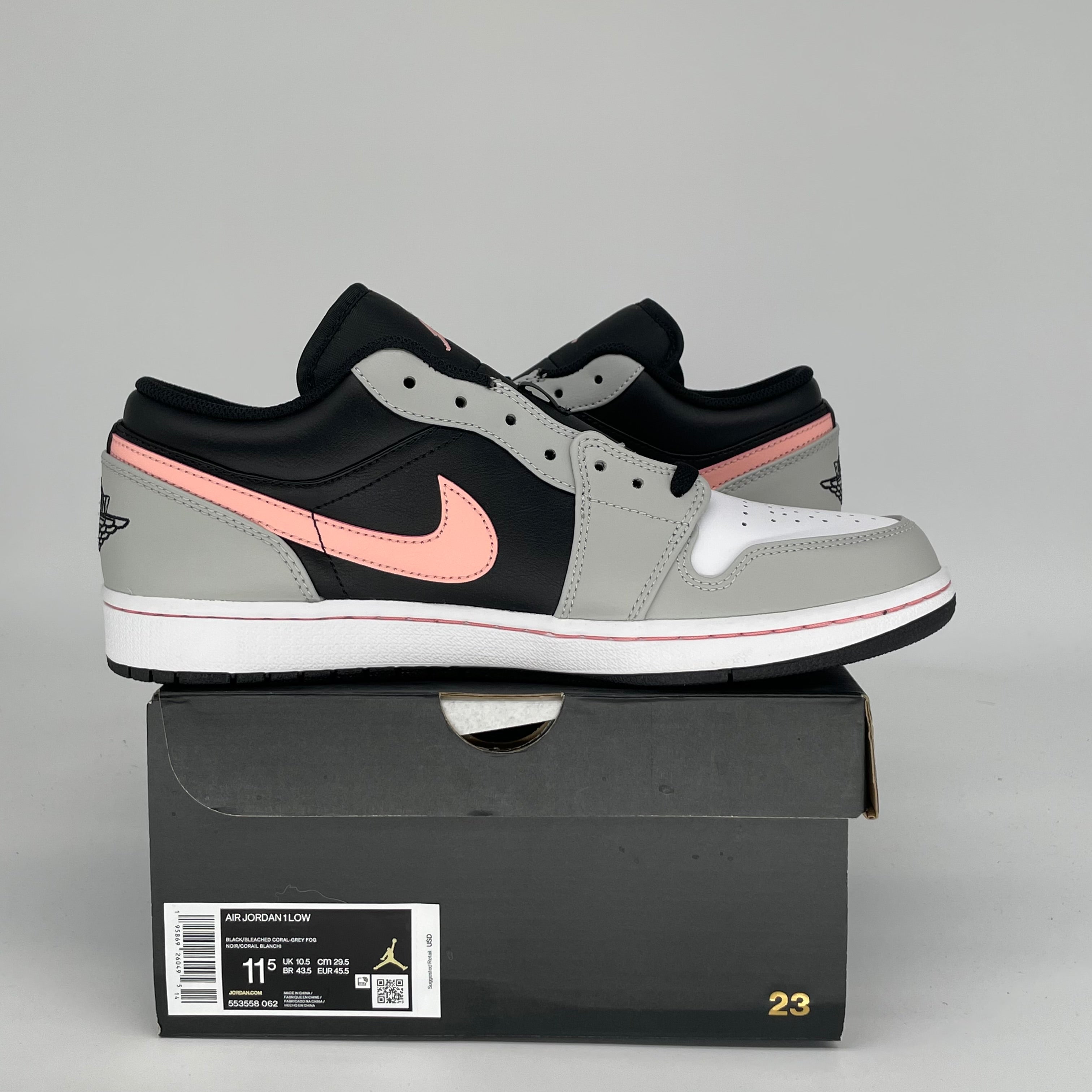 AIR JORDAN 1 LOW Sneakers - Black/Grey/Pink - Men's Size 11.5 (Style: 553558-062) | Basketball Shoes, Casual Wear & Street Style Fashion