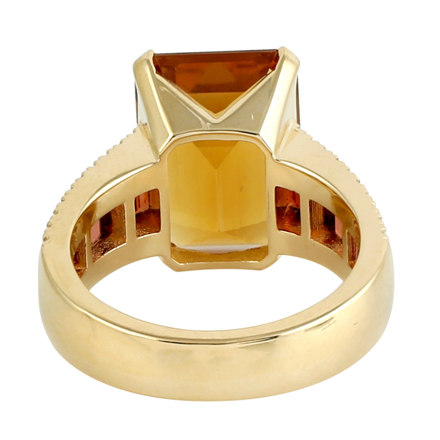 Emerald Cut Citrine & Channel Set Garnet Pave Diamond Cocktail Ring in 14K Yellow Gold - Elegant Evening Wear & Special Occasion Jewelry Gift