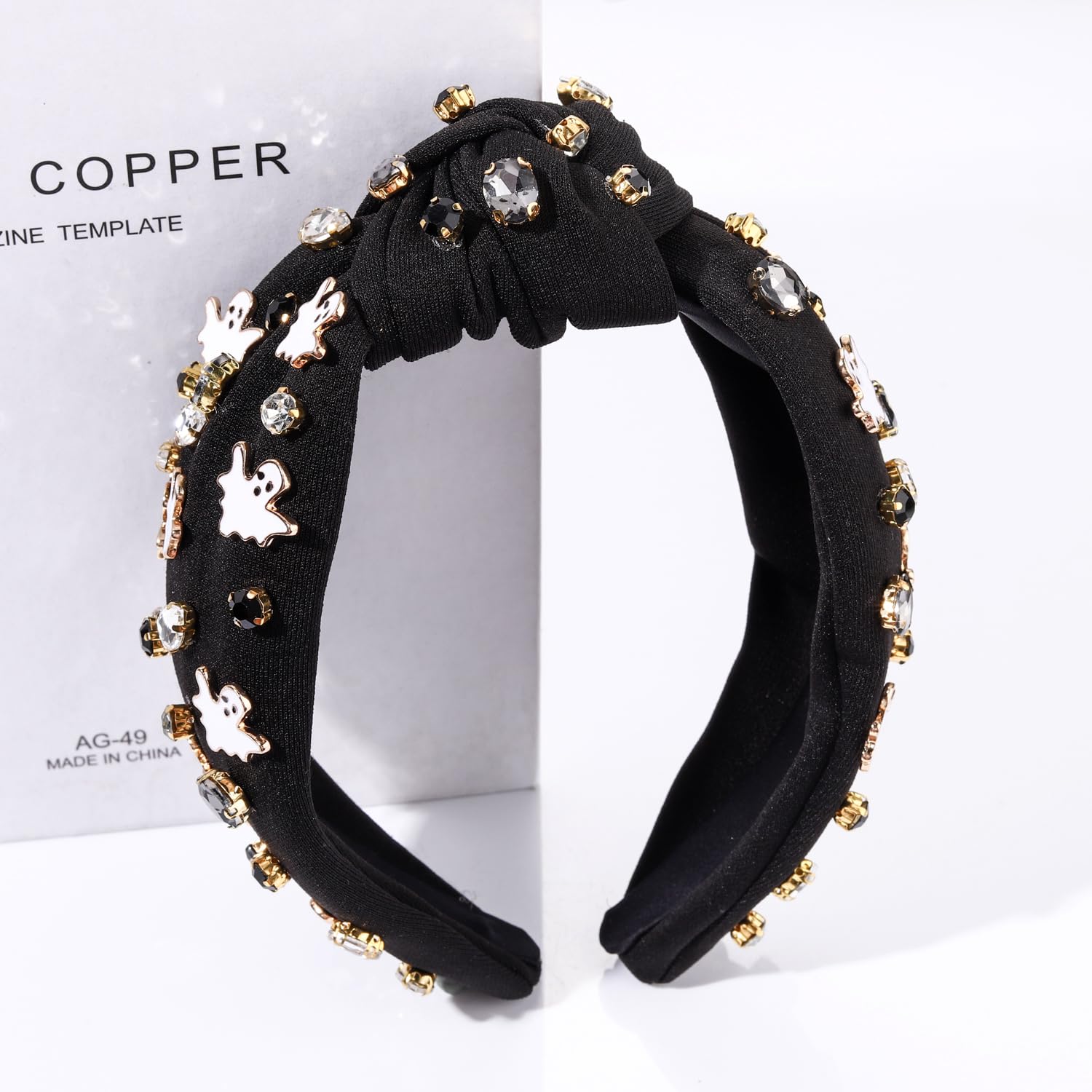 **Spooky Halloween Headband for Women - Pumpkin Spider Ghost Rhinestone Crystal Knotted Headband - Elegant Wide Top Knot Hair Accessory for Halloween Party Outfits & Costume Gifts**    *(Perfect for Halloween Parties, Trick-or-Treating, Costume Contests & Spooky Photo Shoots!)*