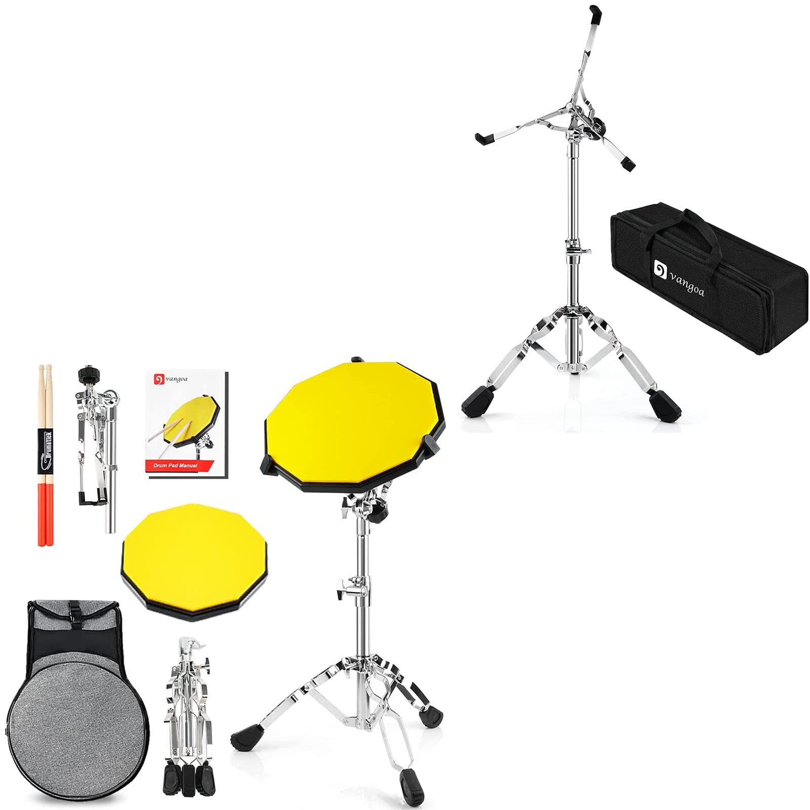 Vangoa Snare Drum Stand Bundle with Practice Drum Pad - Adjustable Drum Pad Stand Kit for Drummers | Perfect for Home Practice, Studio Recording & Live Performances