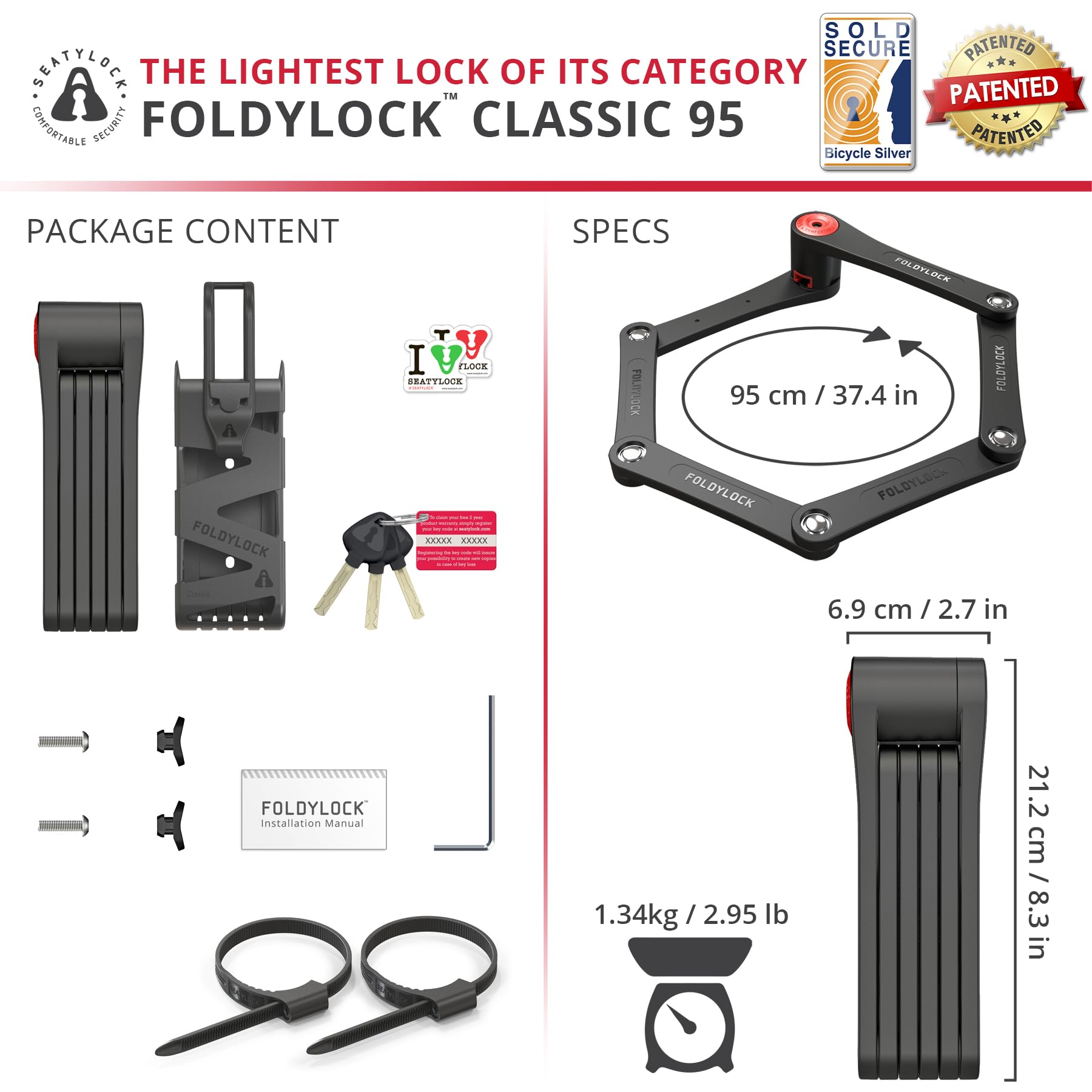 Seatylock FoldyLock Classic Folding Bike Lock - High Security Sold Secure Silver Bicycle U Lock - Heavy Duty Anti-Theft with Keys & Mount Case - 37.4