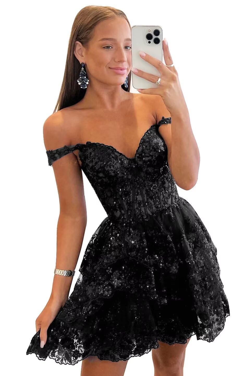 Sparkly Sequin Off Shoulder Short Prom Dress for Teens 2024 | Tiered Lace Cocktail Party Gown | Homecoming Dresses | Black US Size 10 | Perfect for Prom, Homecoming, Cocktail Parties & Special Occasions