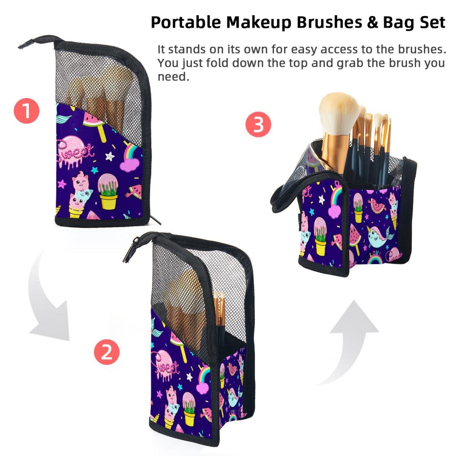 Portable Makeup Brush Organizer Bag with 12 Slots - Ice Cream Rainbow Watermelon Unicorn Design - Travel-Friendly Cosmetic Brush Holder Case for Home & Travel Makeup Storage