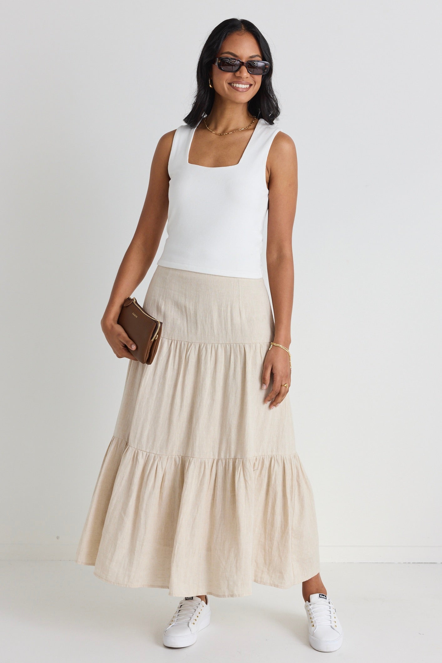 Blazing Sand Tiered Linen Midi Skirt - Women's Summer Boho Beach Skirt with Pockets | Perfect for Vacations, Music Festivals & Casual Outings