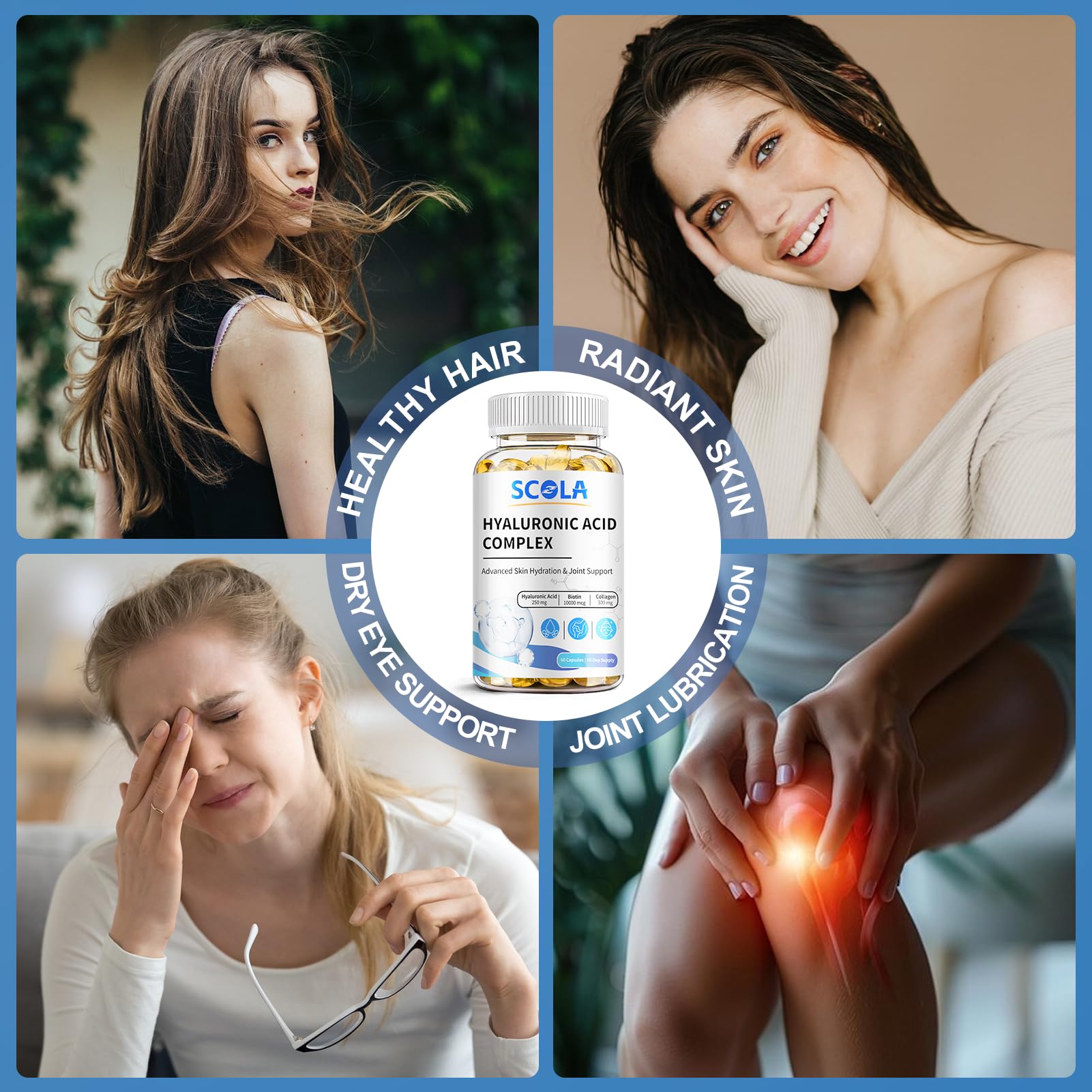 Premium Hyaluronic Acid Supplements 250mg with Vitamin C, Collagen & 10000mcg Biotin - Advanced Skin Hydration, Joint Support & Anti-Aging Formula - 60 Vegan Capsules for Glowing Skin & Healthy Joints - Perfect for Daily Beauty Routine & Active Lifestyle
