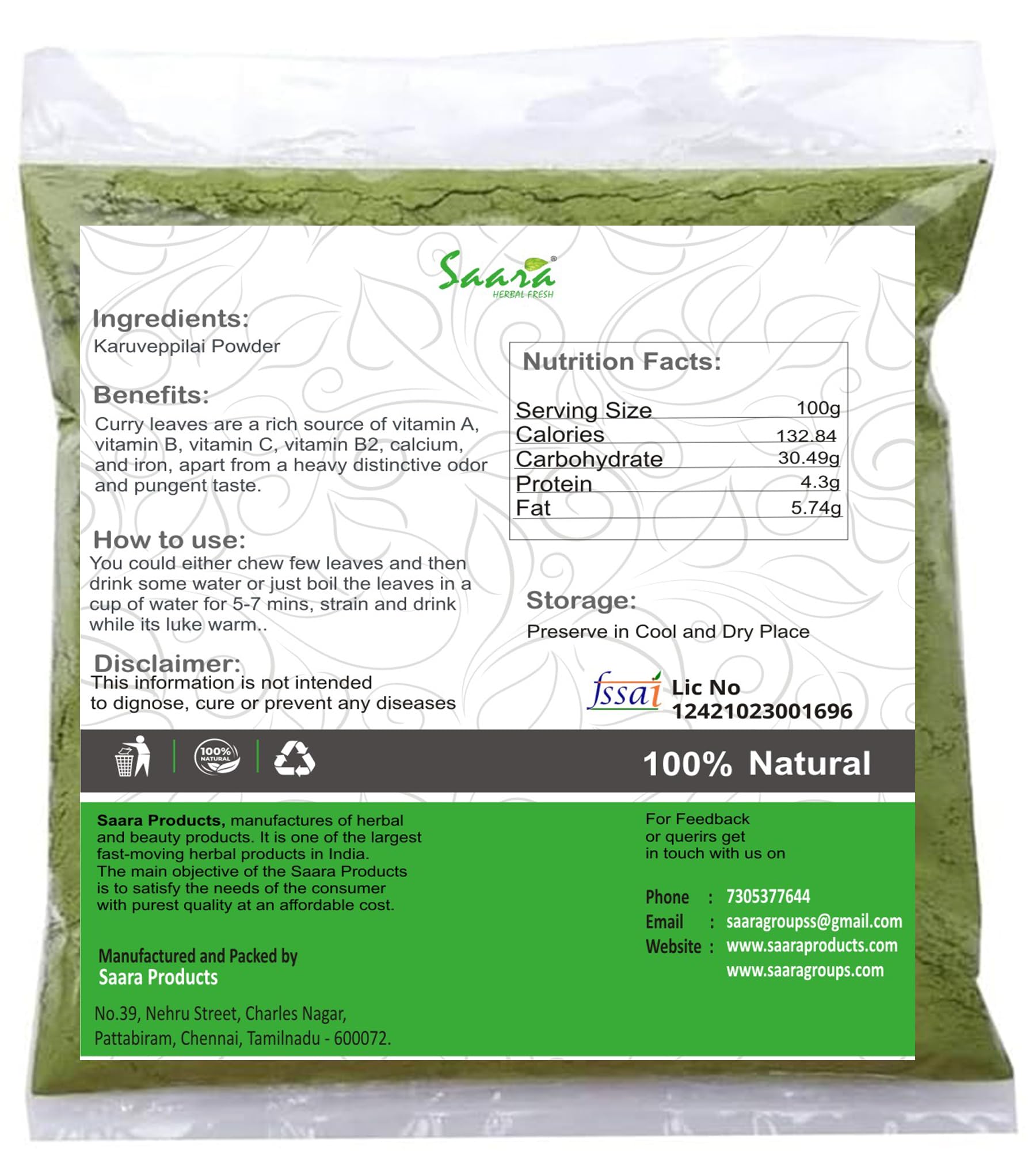 Organic SAARA Curry Leaves Powder 50g | Natural Karuveppilai Powder for Hair Growth & Cooking | Kadi Patta, Karibevu Herbal Supplement | Perfect for Ayurvedic Recipes, Hair Masks & Healthy Meals