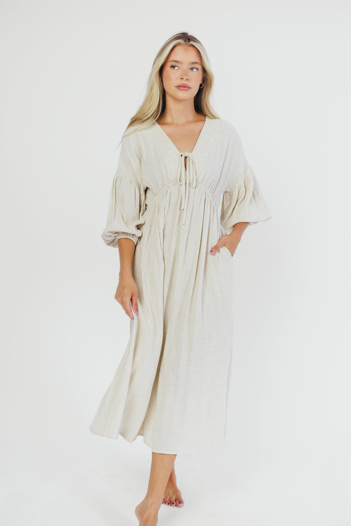 Hunter Linen Blend Midi Dress in Greige - Bump Friendly Maternity Dress with Inclusive Sizing | Perfect for Pregnancy, Nursing, and Everyday Comfort Wear