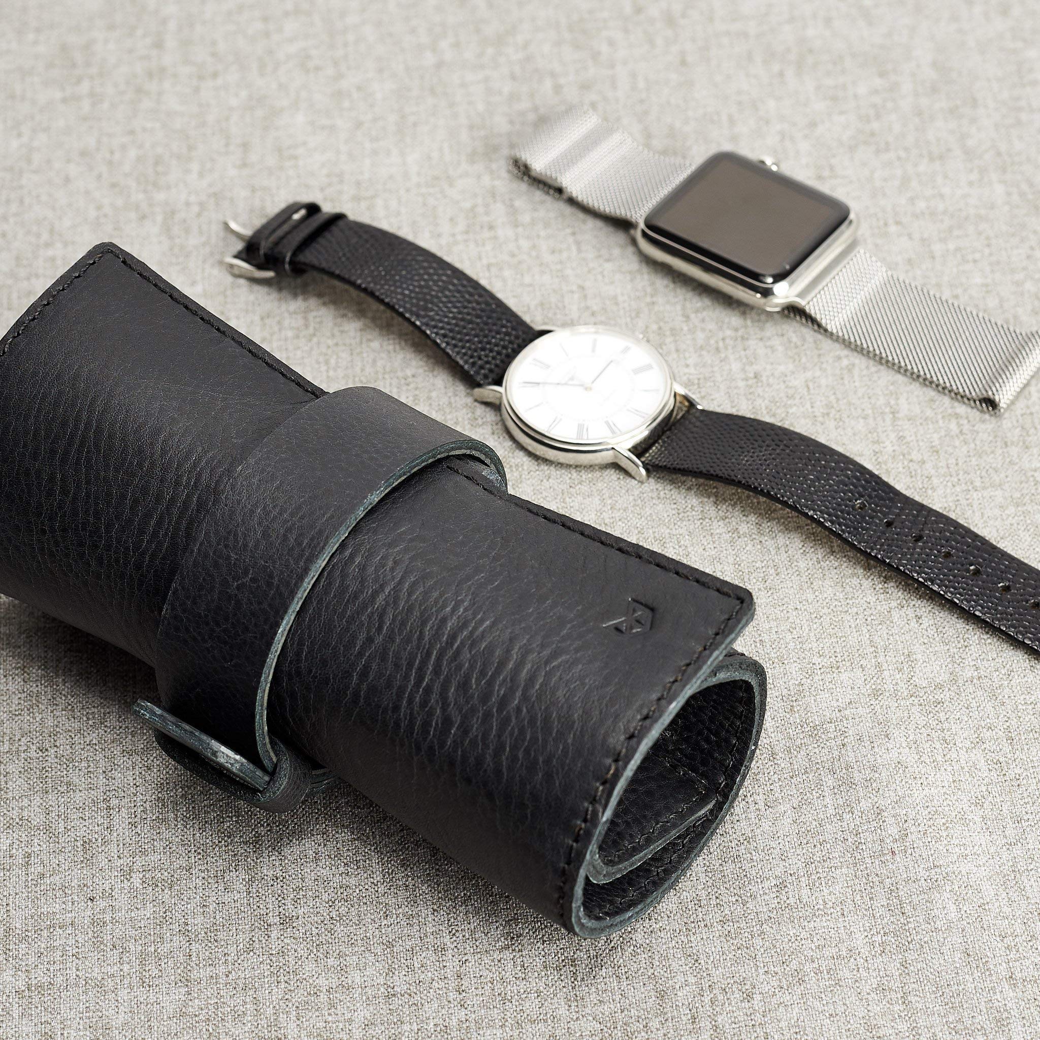 Premium Leather Watch Roll for Men - Black 3-Watch Travel Storage Pouch & Organizer Case | Fits Rolex, Apple Watch Bands & Luxury Watches | Perfect Gift for Him, Business Travel & Watch Collectors