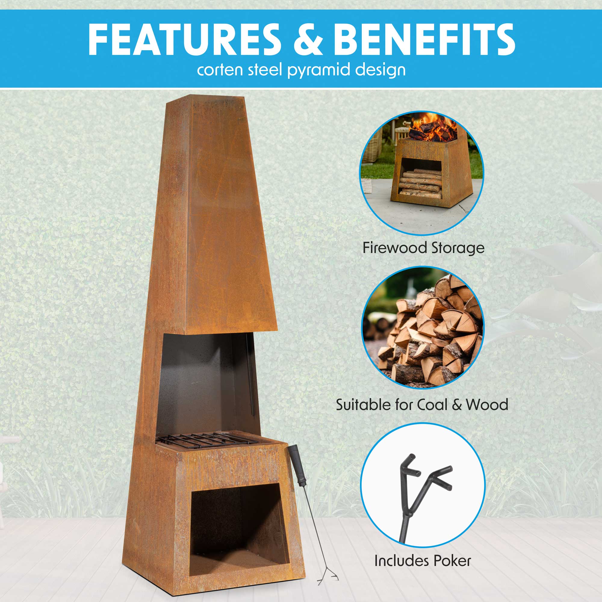 Outdoor Pyramid Chiminea Fire Pit - Corten Steel Fireplace Heater with Firewood Storage (Model DG108) - Perfect for Backyard, Patio, and Garden Gatherings