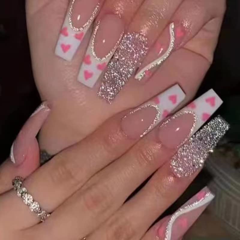 White French Pink Heart painted Glitter