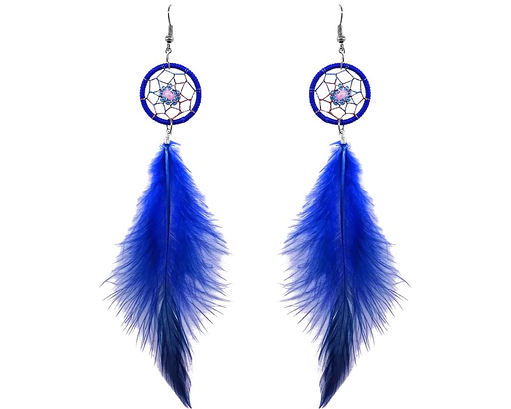 Handmade Boho Feather Dangle Earrings for Women - Natural Dyed Daisy Flower Dream Catcher Jewelry | Perfect for Festivals, Beach Parties & Boho Fashion