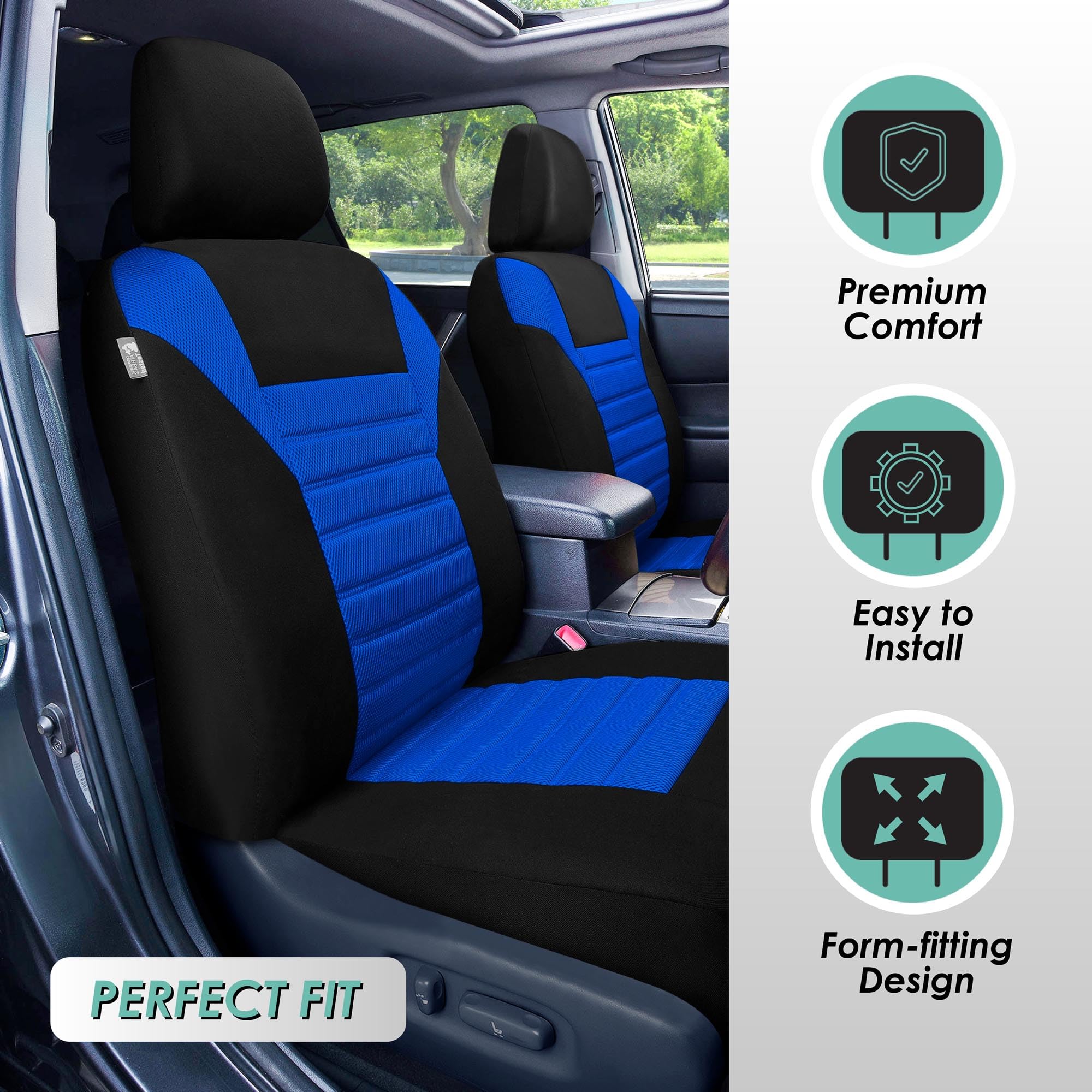 TLH 3D Air Mesh Car Seat Covers - Front, Blue & Airbag Safe for Cars, SUVs, Trucks - Stay Cool Driving