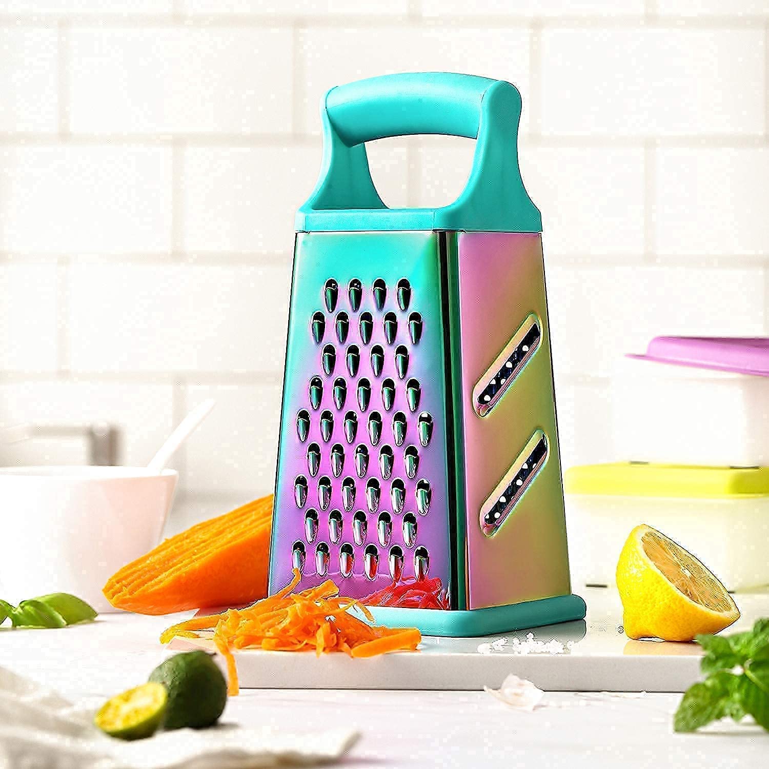 Rainbow Color Cutlery Knife Set - 5-Piece Professional Stainless Steel Kitchen Knives with Wooden Block & Box Grater | Perfect for Home Cooking, Food Prep & Gift Giving