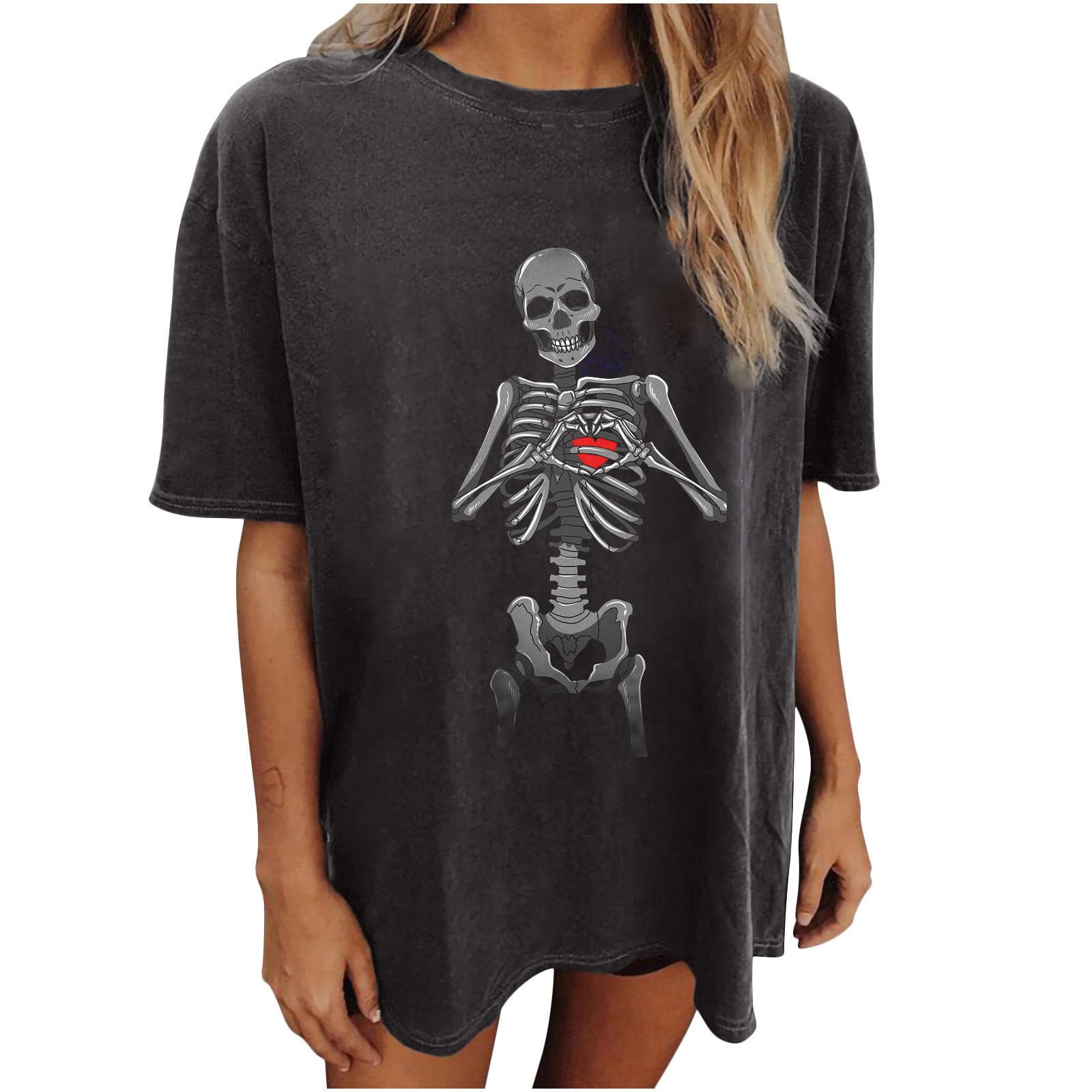 Vintage Skull Print Women's Short Sleeve T-Shirt - Casual Summer Drop Shoulder Crewneck Loose Fit Top - Funny Cute Graphic Tee for Streetwear, Music Festivals & Everyday Fashion