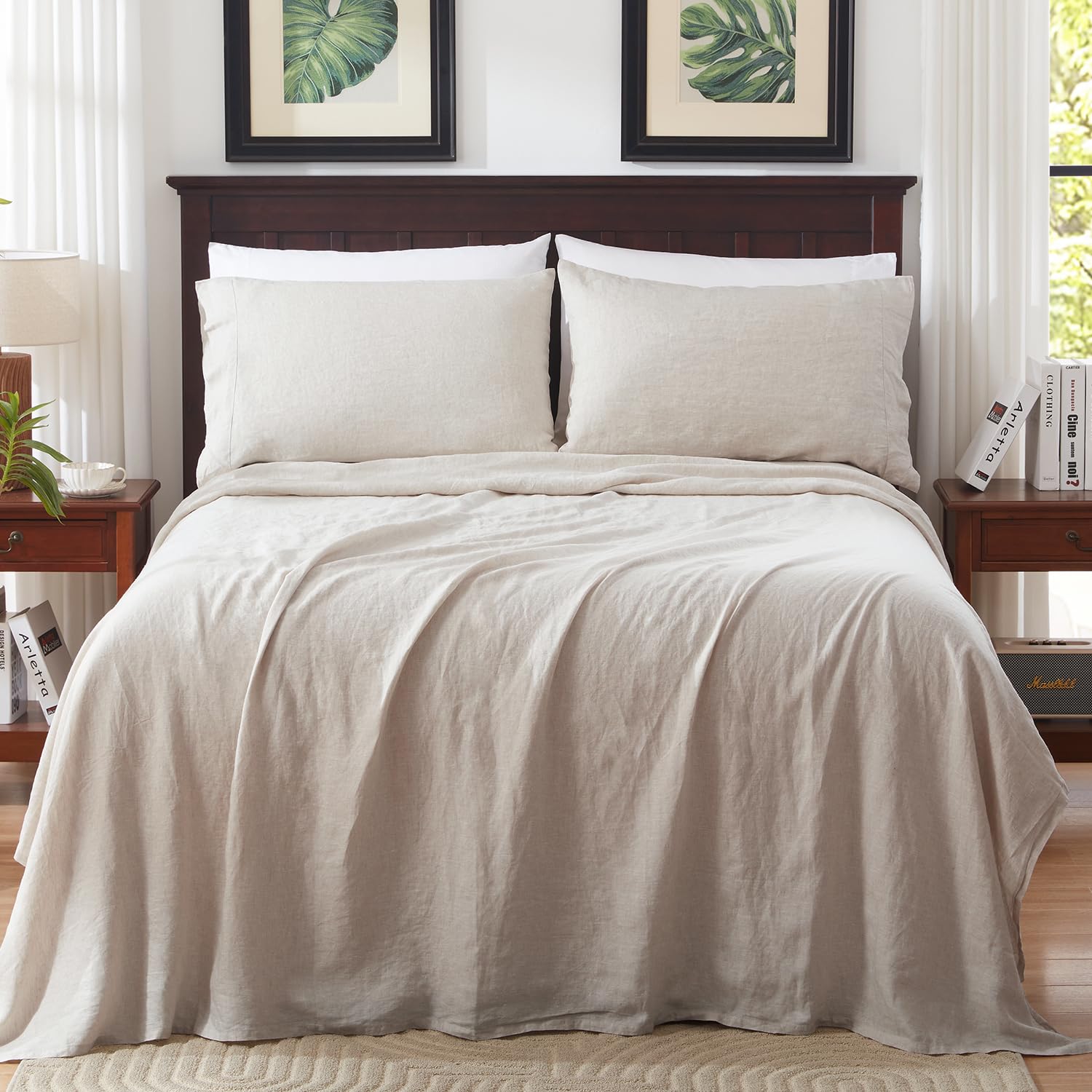 TOSMO 100% French Flax Linen Sheets Set - Queen Size 4pc Bedding (1 Flat Sheet, 1 Fitted Sheet, 2 Pillowcases) | Breathable & Durable Natural Linen for All-Season Comfort - Perfect for Eco-Friendly Home & Luxury Hotel Style Bedrooms