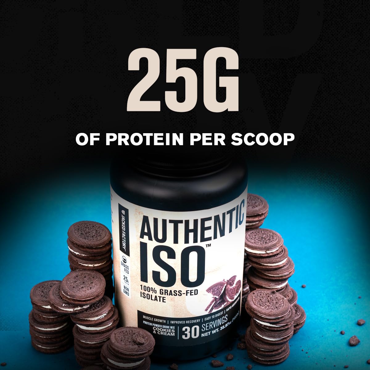 Jacked Factory Grass Fed Whey Protein Isolate Powder - Low Carb, Non-GMO, No Fillers for Muscle Building & Post Workout Recovery | Cookies & Cream Flavor | Ideal for Gym Enthusiasts & Athletes