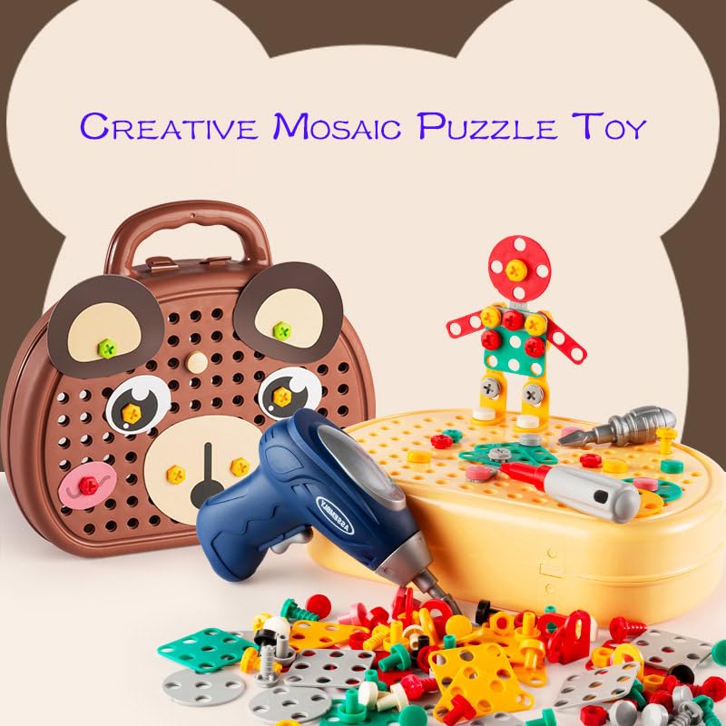 Montessori Magic Play Toolbox with Electric Drill - 204 PCS Creative Mosaic Puzzle Toy Set for Kids | STEM Learning, Fine Motor Skills Development | Perfect for Classroom & Home Educational Play
