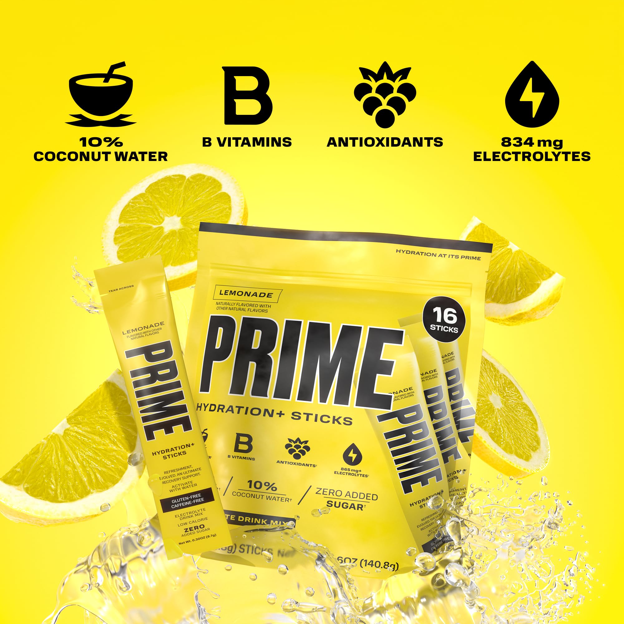 PRIME HYDRATION+ Sticks Lemonade | Electrolyte Powder Packets for On-The-Go Hydration | Low Sugar, Caffeine-Free & Vegan | 16 Single Serve Sticks | Perfect for Workouts, Travel & Outdoor Activities