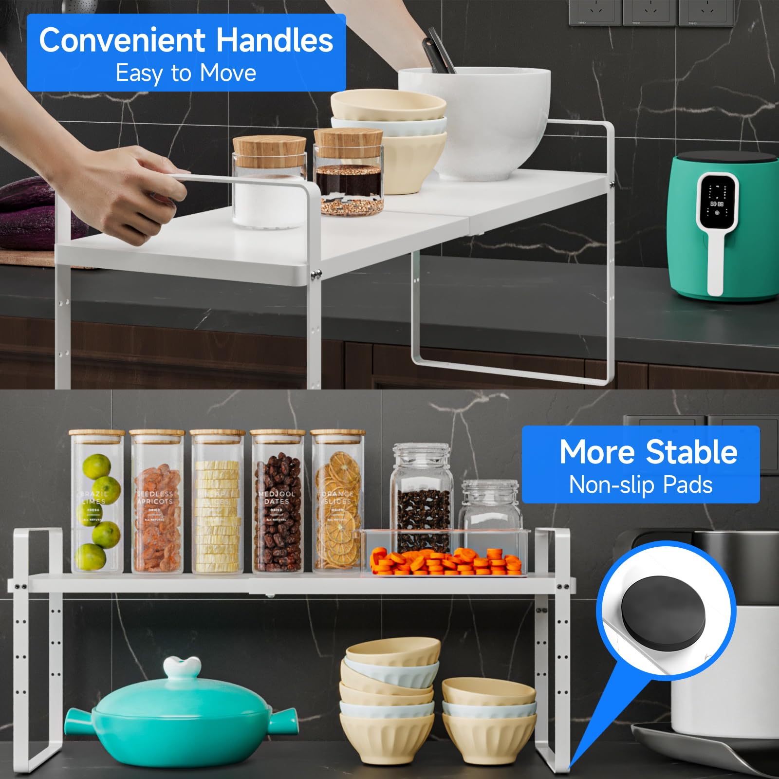 Expandable Cabinet Shelf Organizer - Heavy Duty 80LBS Stackable Kitchen Pantry Storage, Adjustable Closet & Cupboard Rack for Spice Organization (White, Large, 1 Pack) - Perfect for Small Spaces & Kitchen Counter Organization